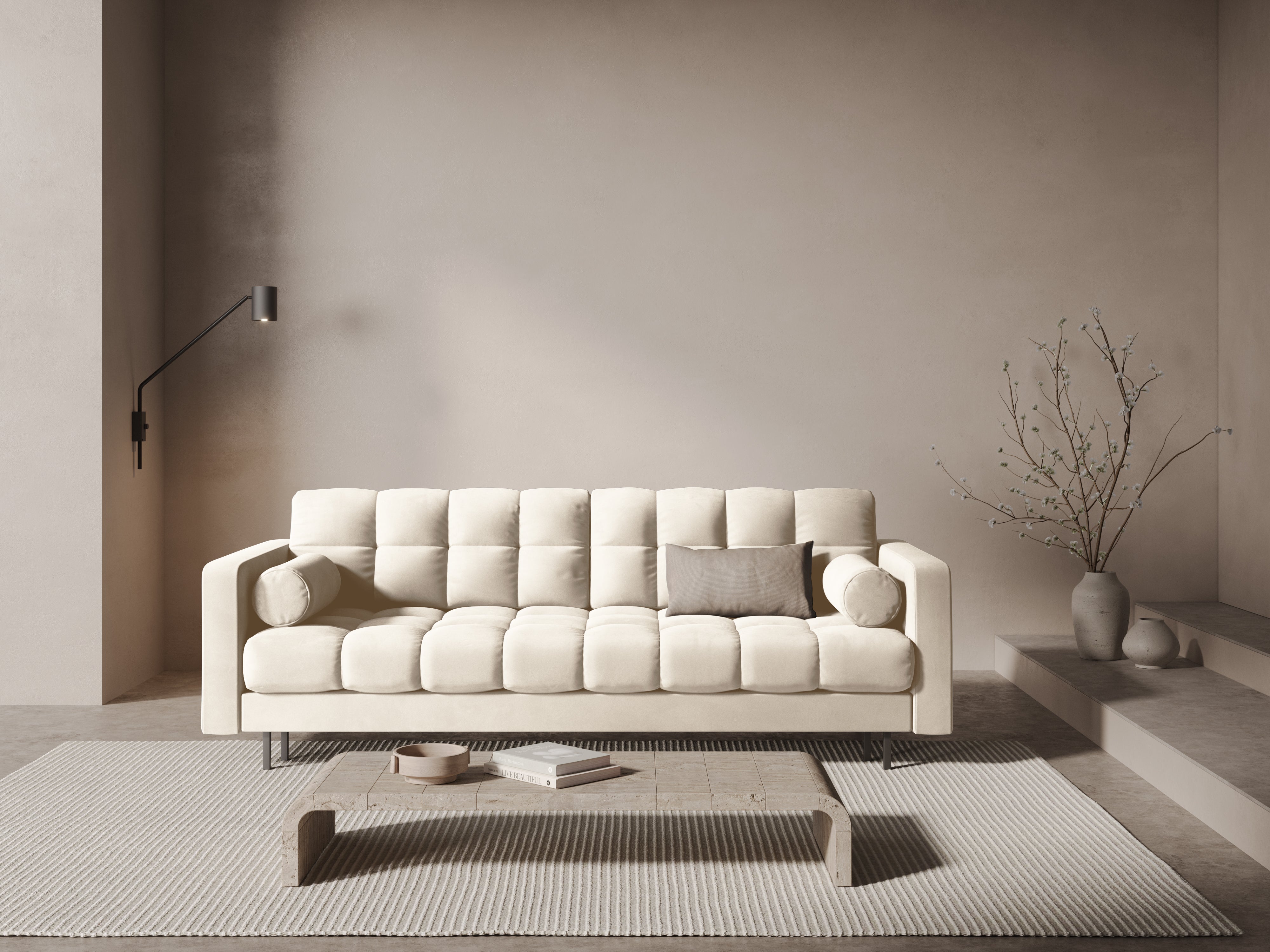Samt 3-Sitzer Sofa mit Schlaffunktion BALI hellbeige mit schwarzem Gestell
