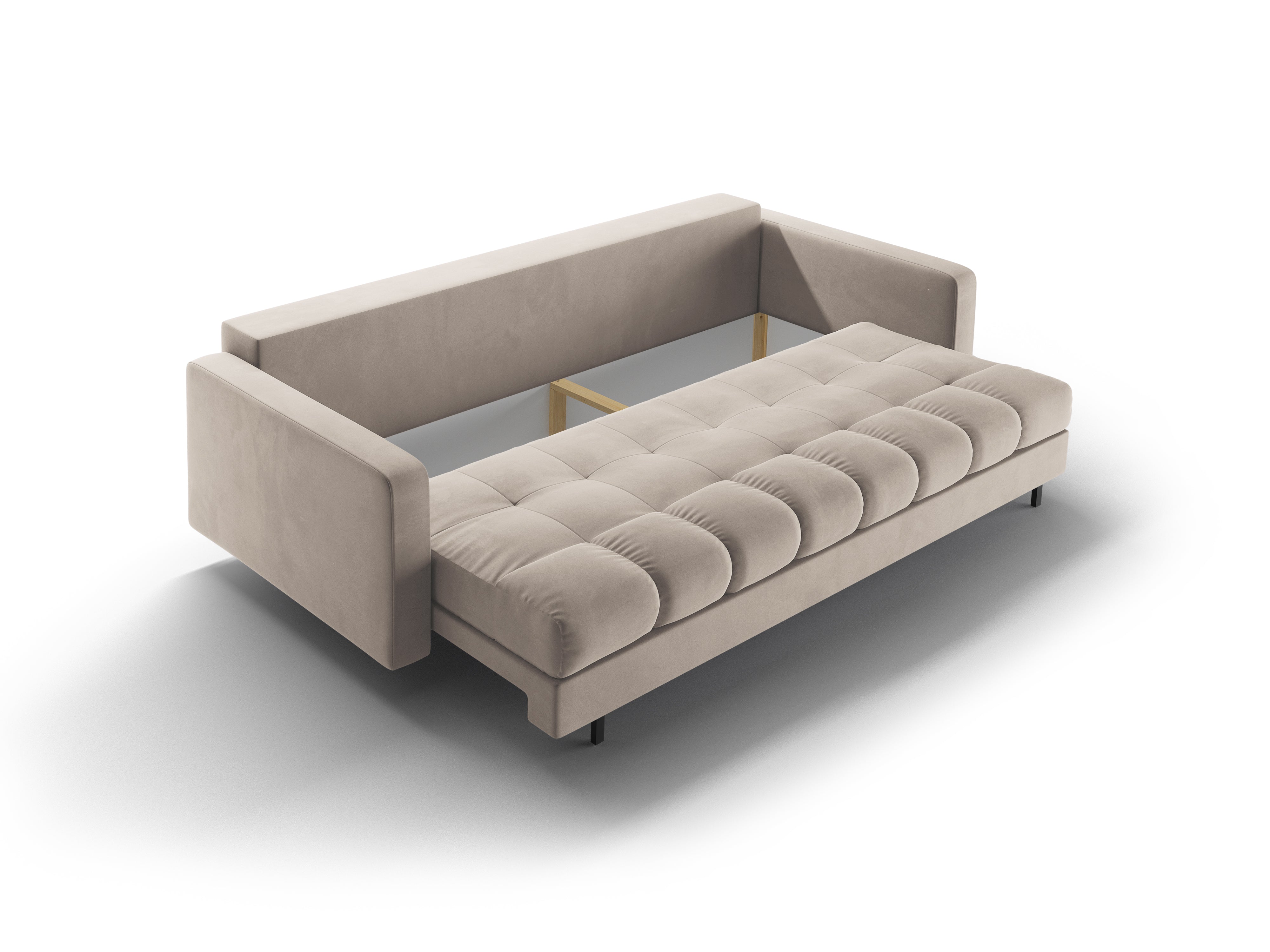 Beige 3-seater velvet sofa with sleeping function BALI with a black base