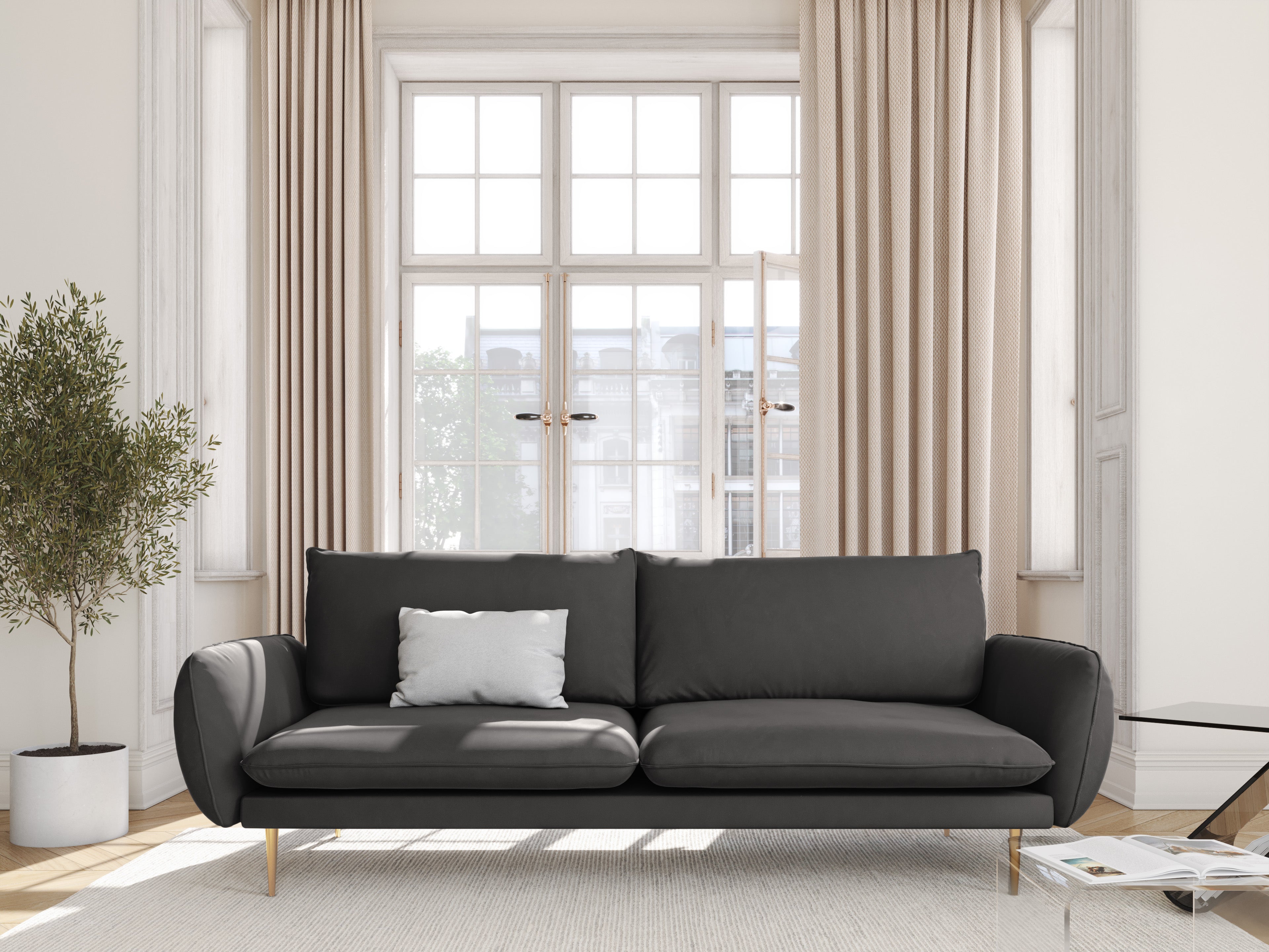 Sofa van fluweel 3-zits VIENNA donkergrijs met gouden basis