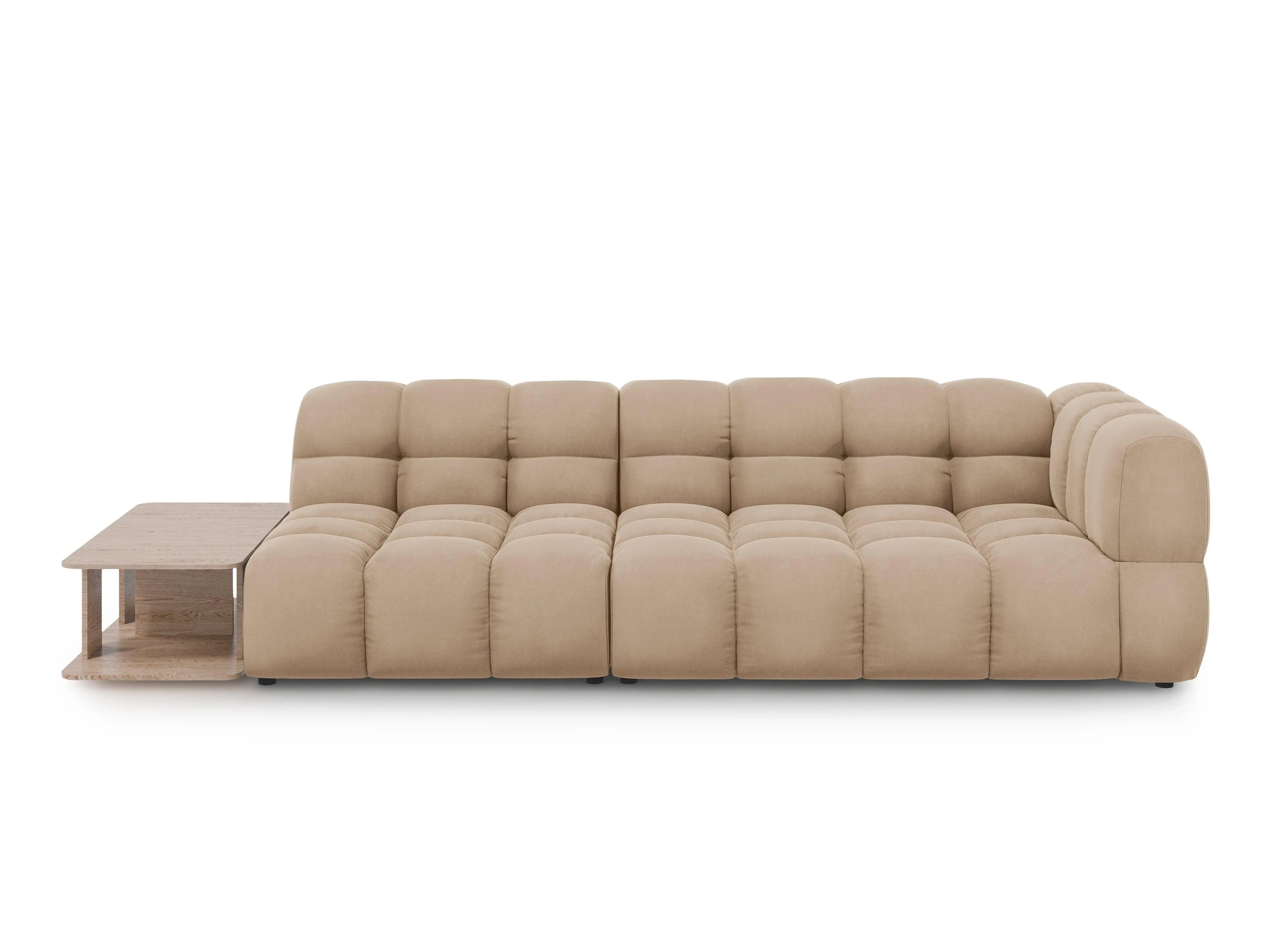 Sofa aksamitna lewostronna 4-osobowa otwarta ze stolikiem SKY piaskowy – Cosmopolitan Design