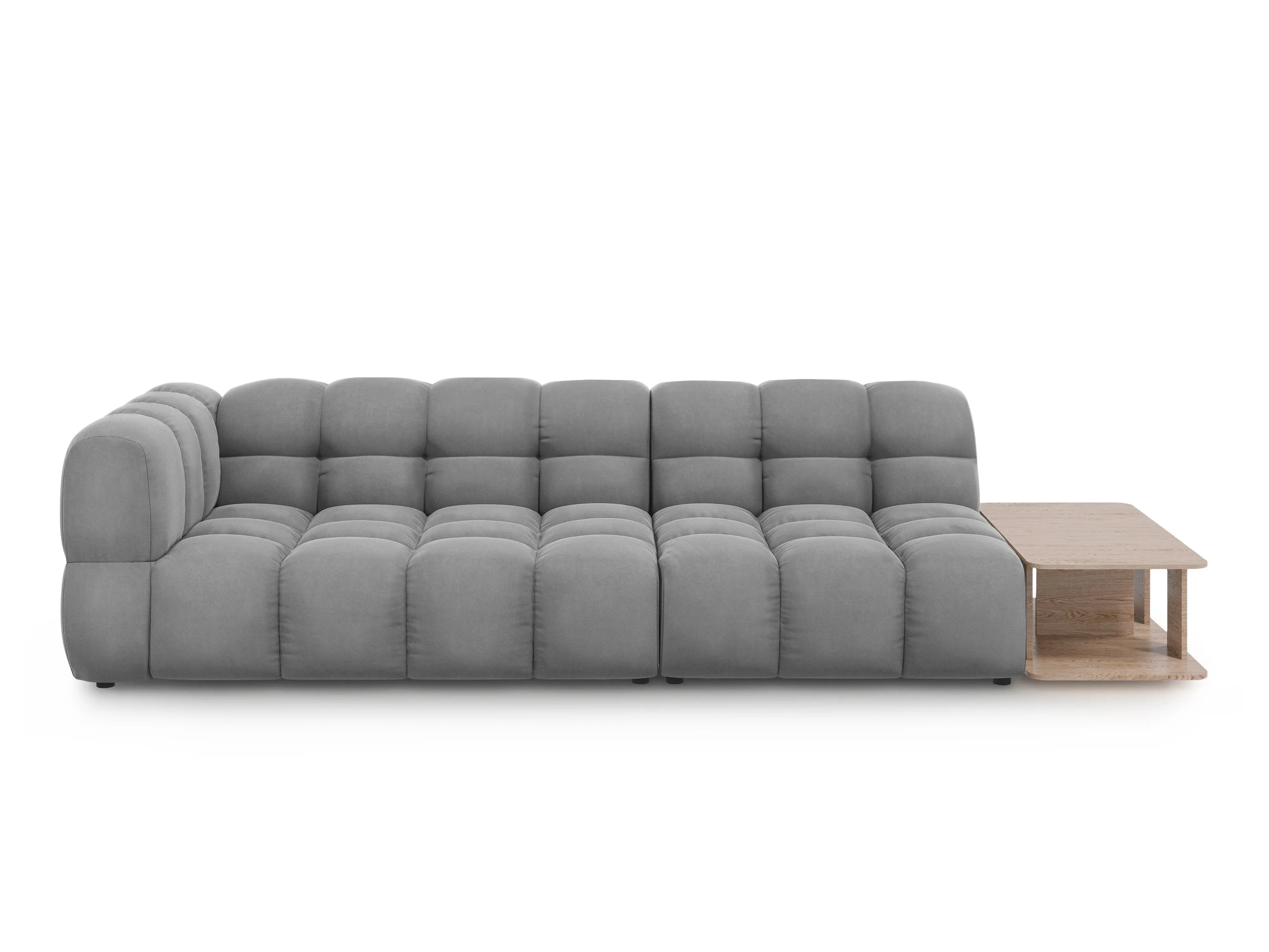 Sofa aksamitna prawostronna 4-osobowa otwarta ze stolikiem SKY jasnoszary – Cosmopolitan Design
