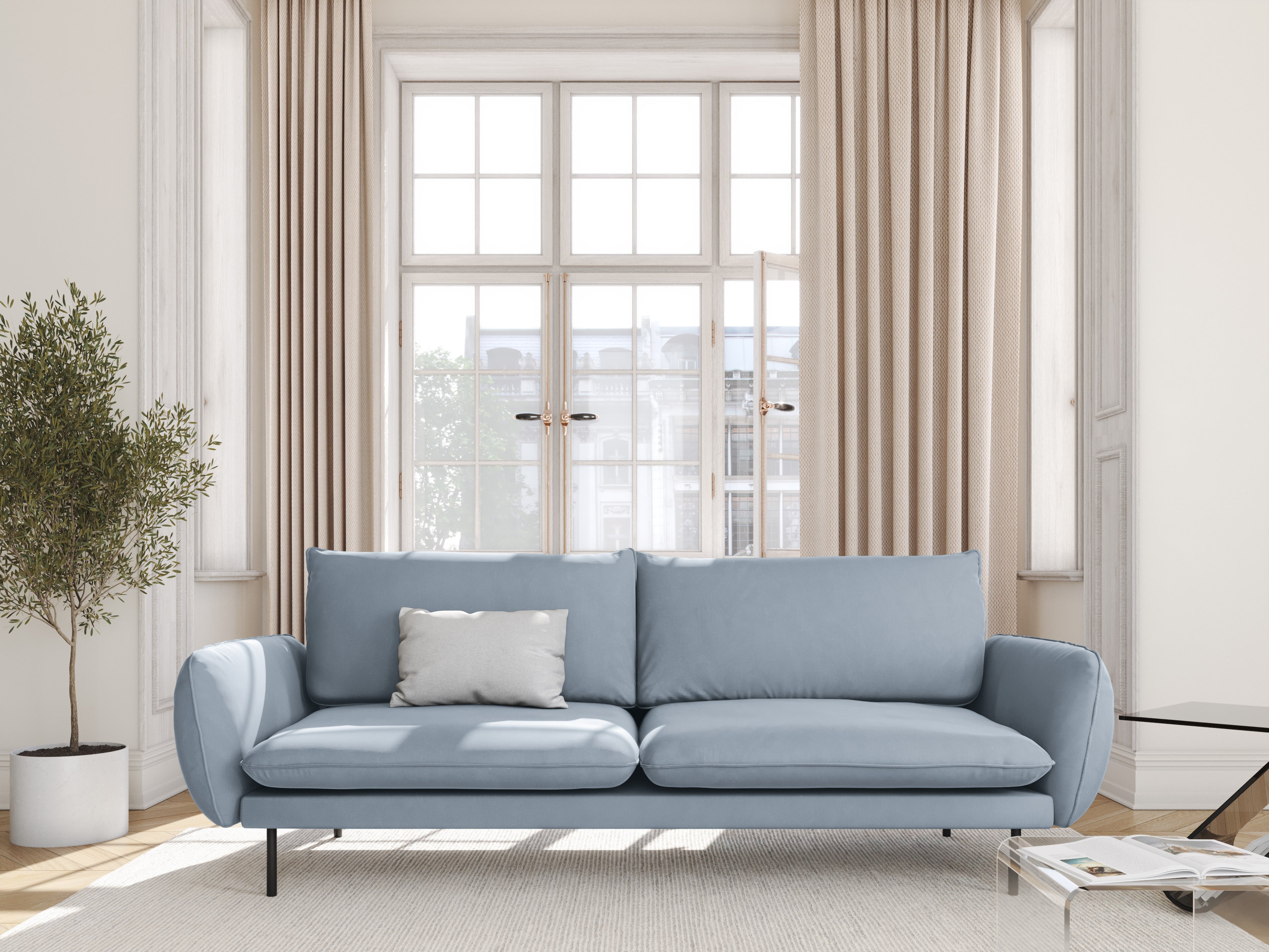 Sofa aksamitna 4-osobowa VIENNA jasnoniebieski z czarną podstawą