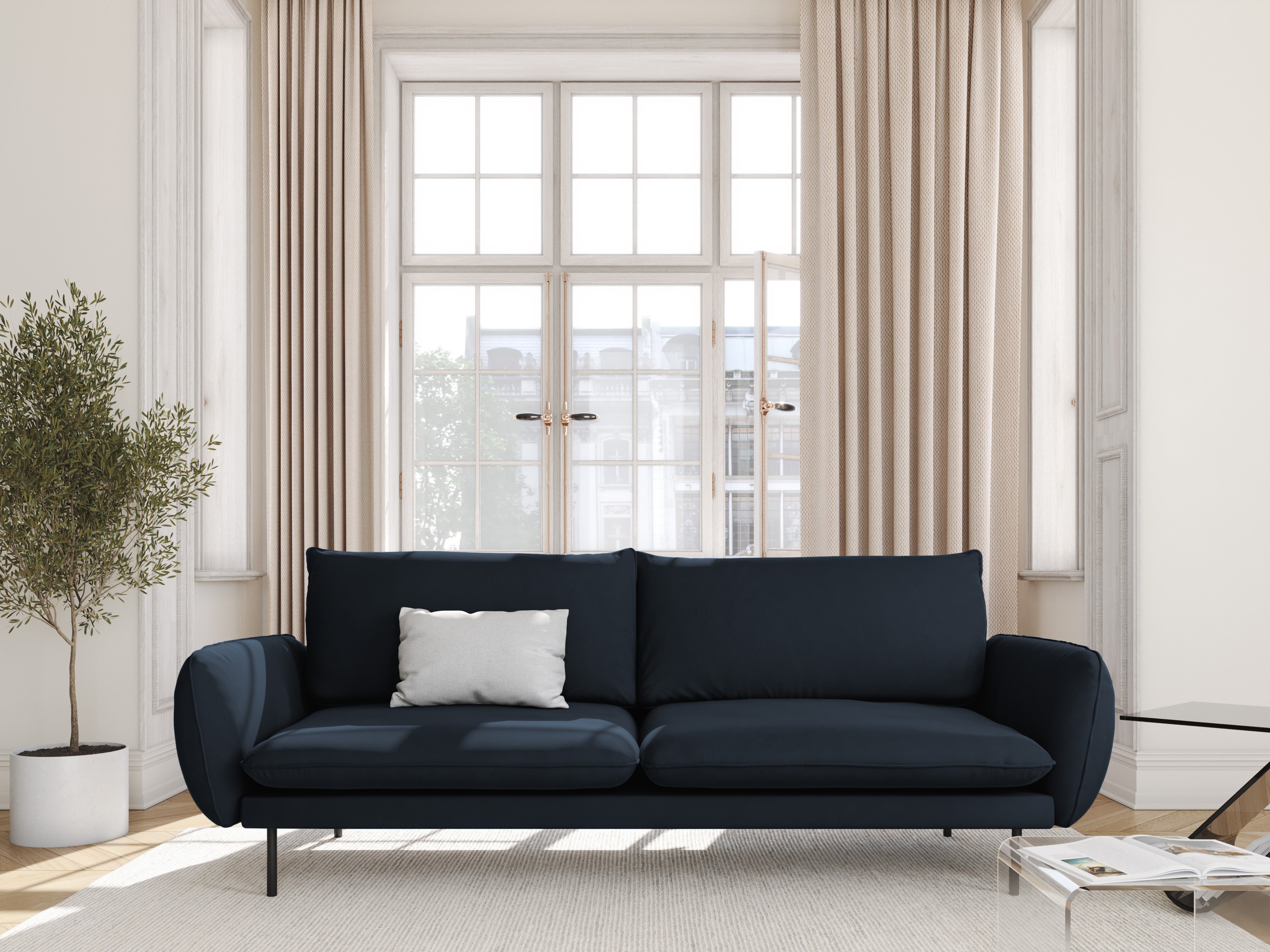 Sofa van fluweel voor 4 personen VIENNA donkerblauw met zwarte basis