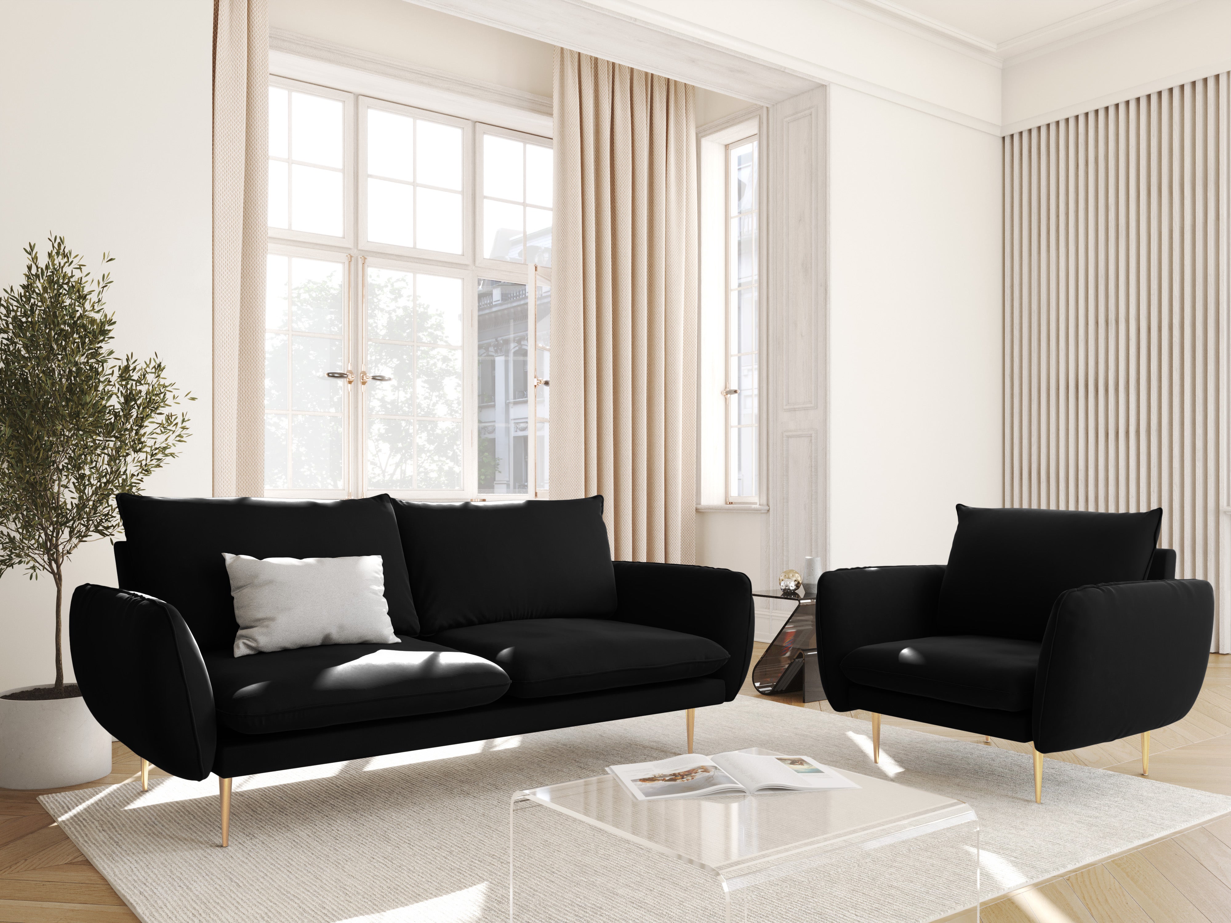 Fluwelen fauteuil VIENNA zwart met gouden basis