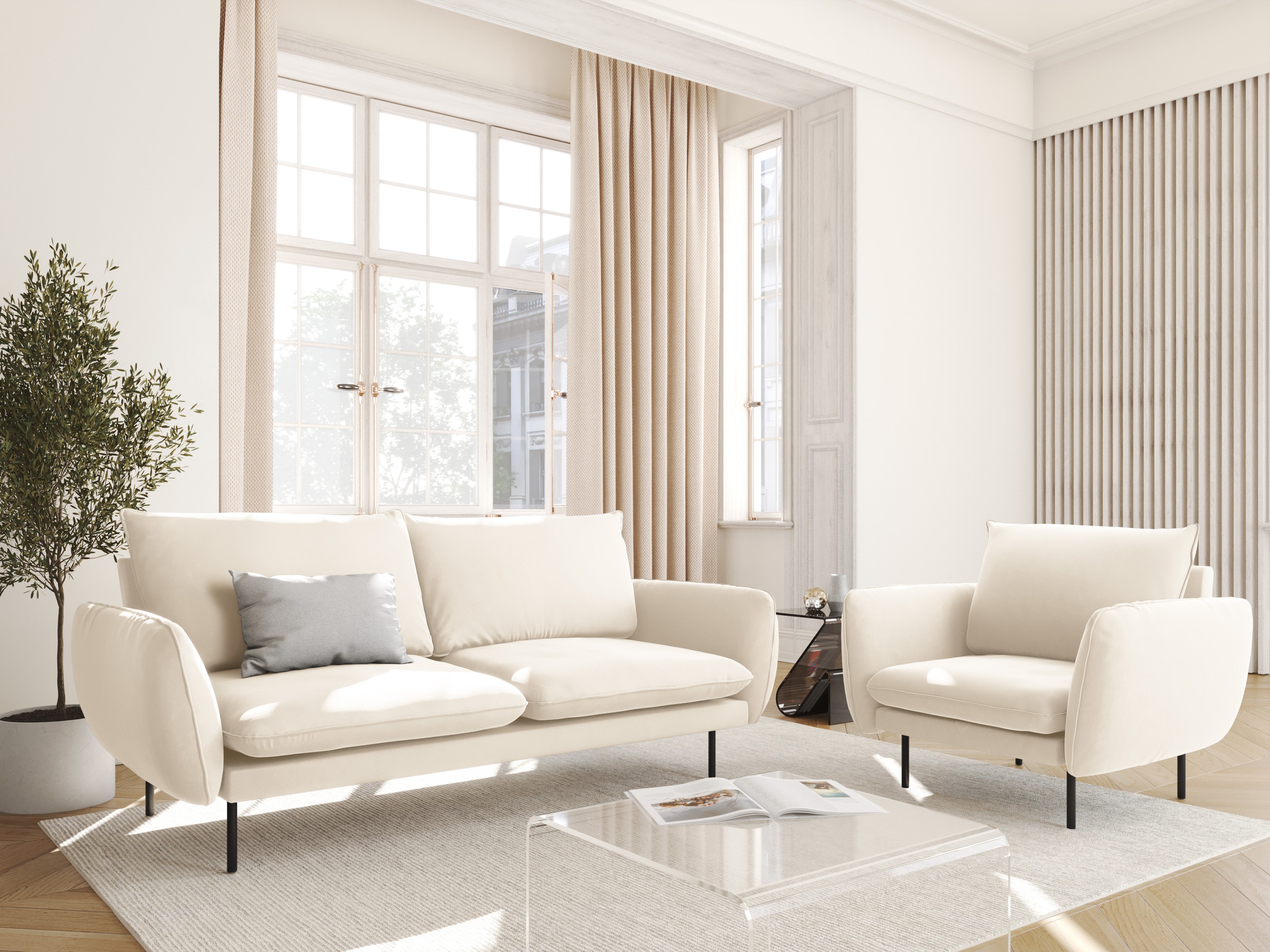 Velvet armchair VIENNA beige with black base