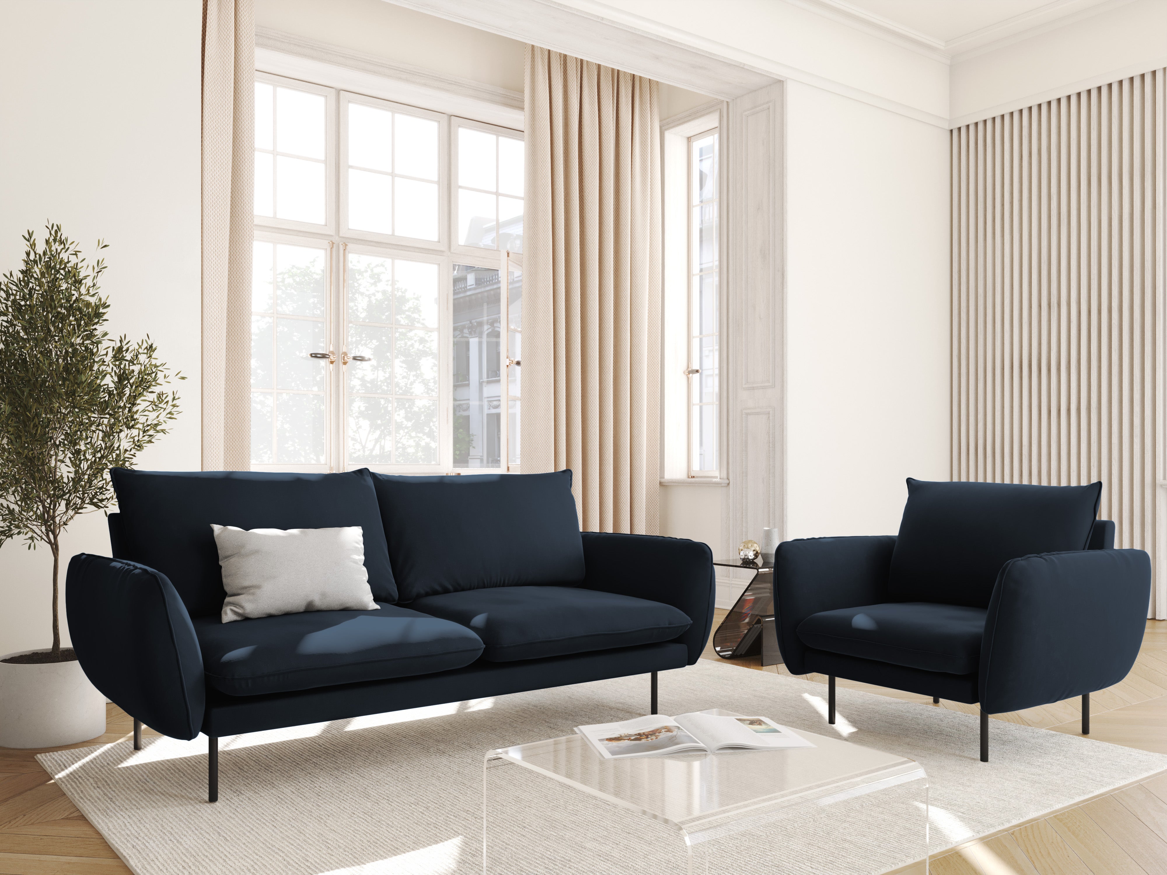 Velvet armchair VIENNA dark blue with black base