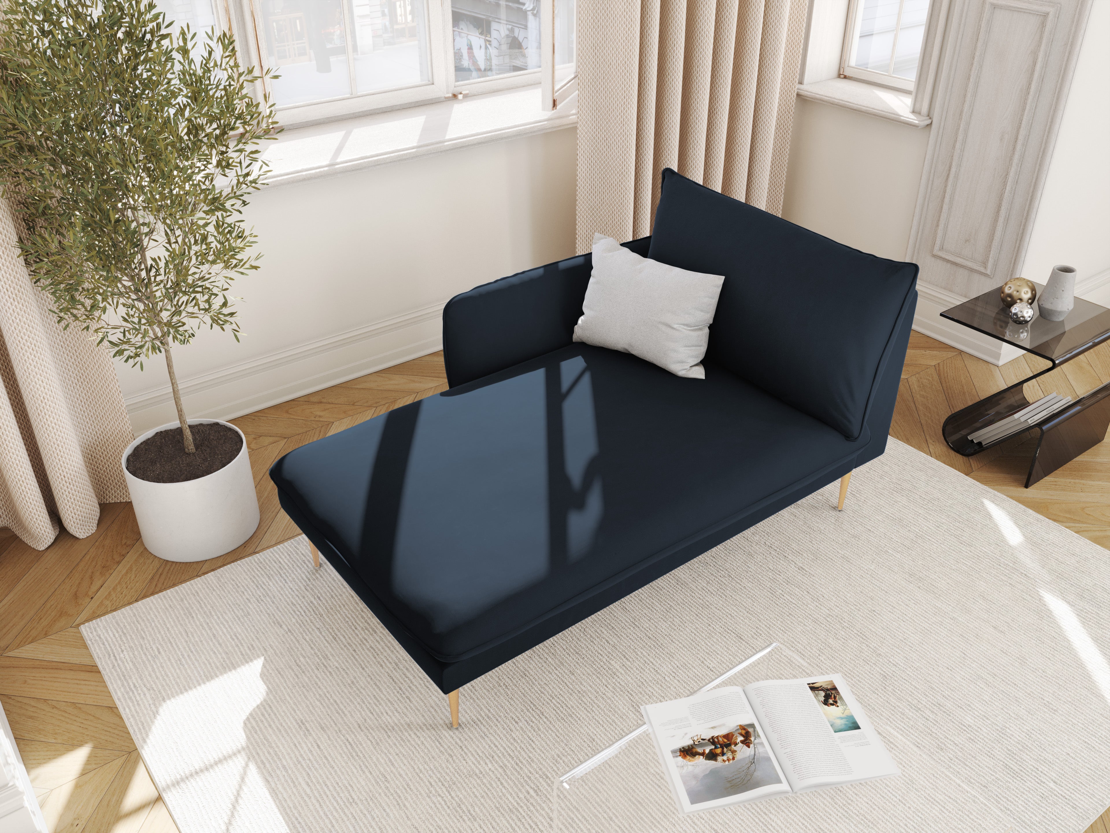 Velours ligstoel links VIENNA donkerblauw met gouden basis