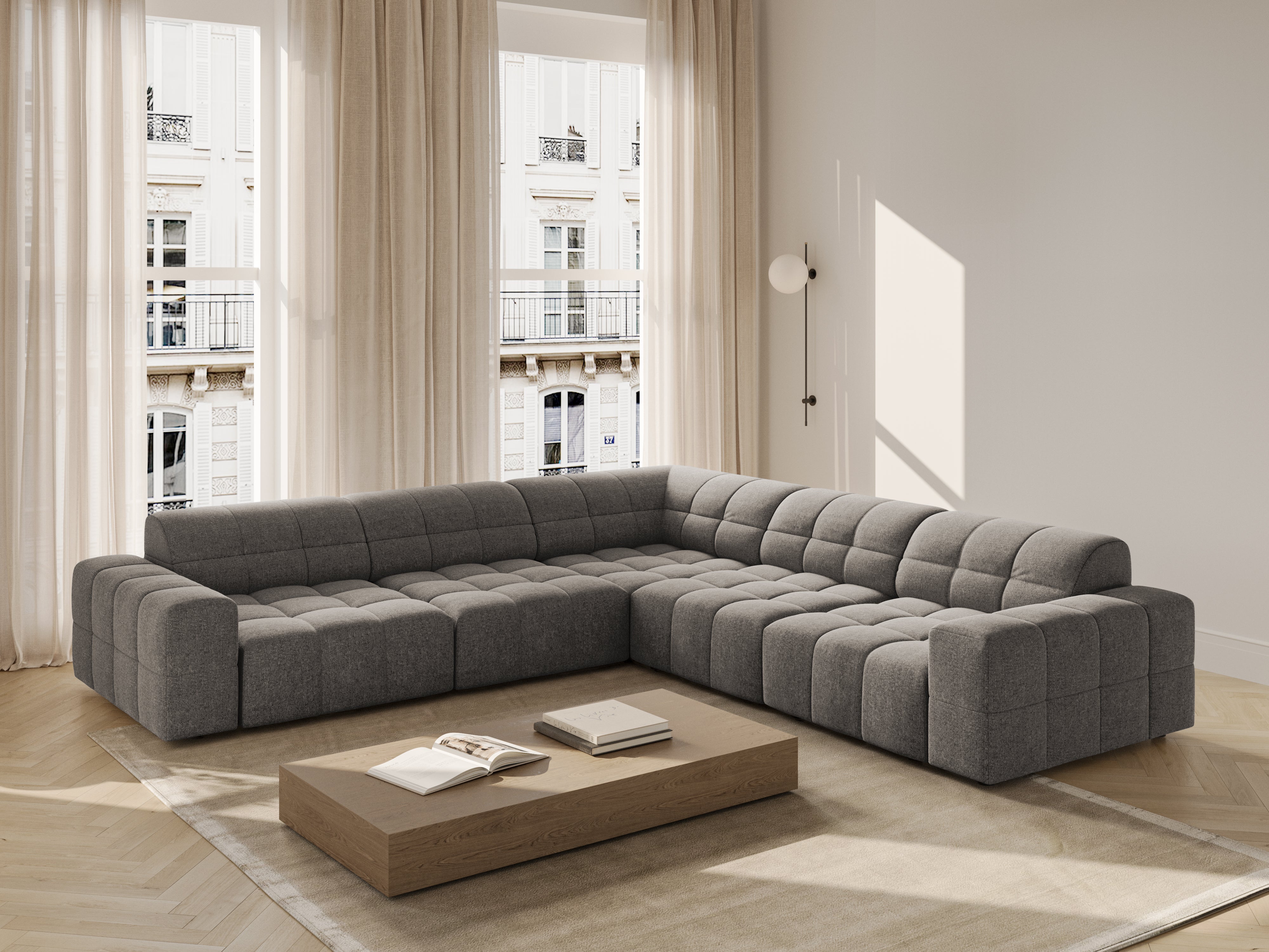 Symmetrische hoekbank CHICAGO grijs chenille