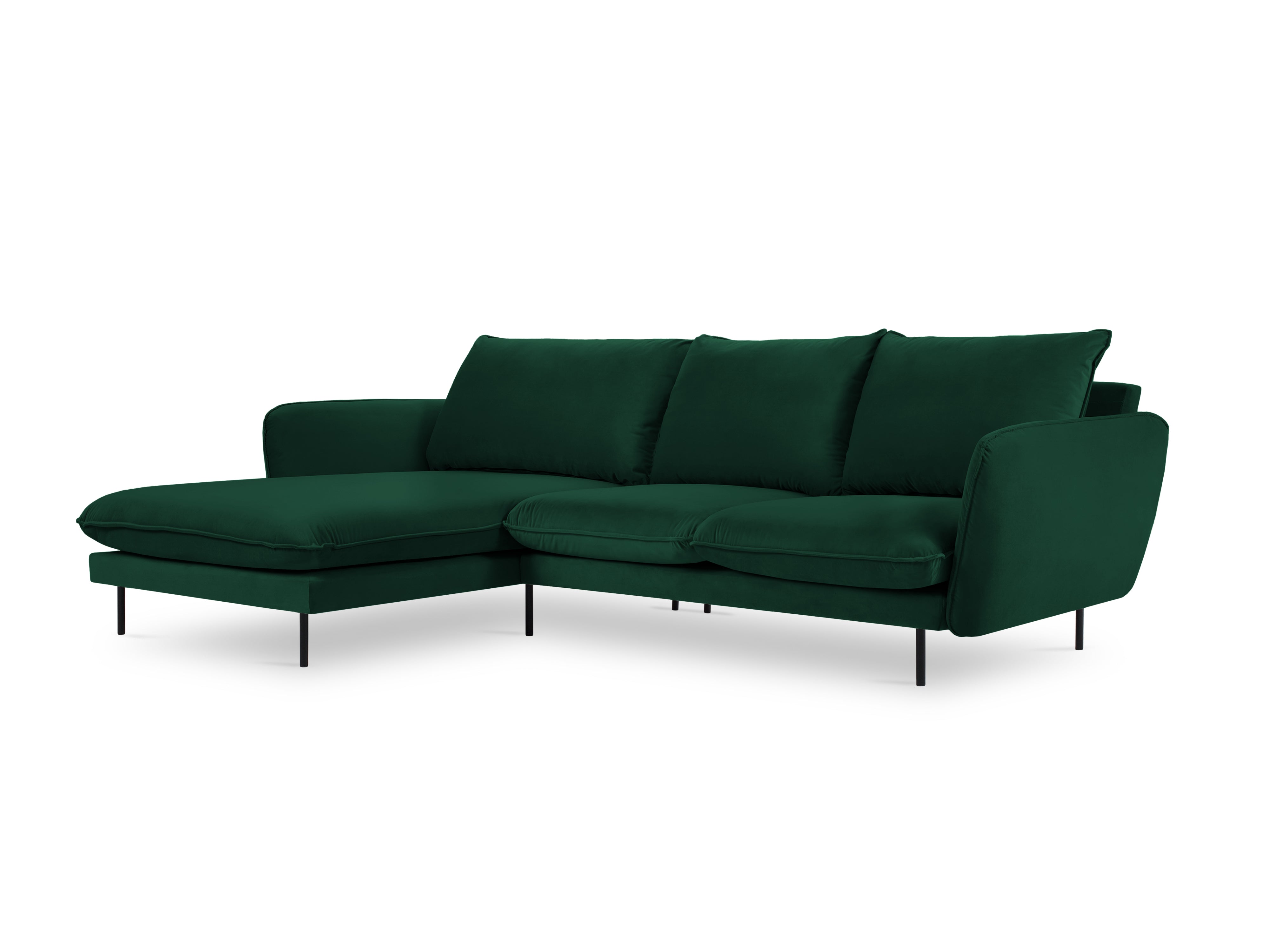 Samt-Ecksofa linksseitig für 5 Personen VIENNA in Flaschengrün mit schwarzem Gestell