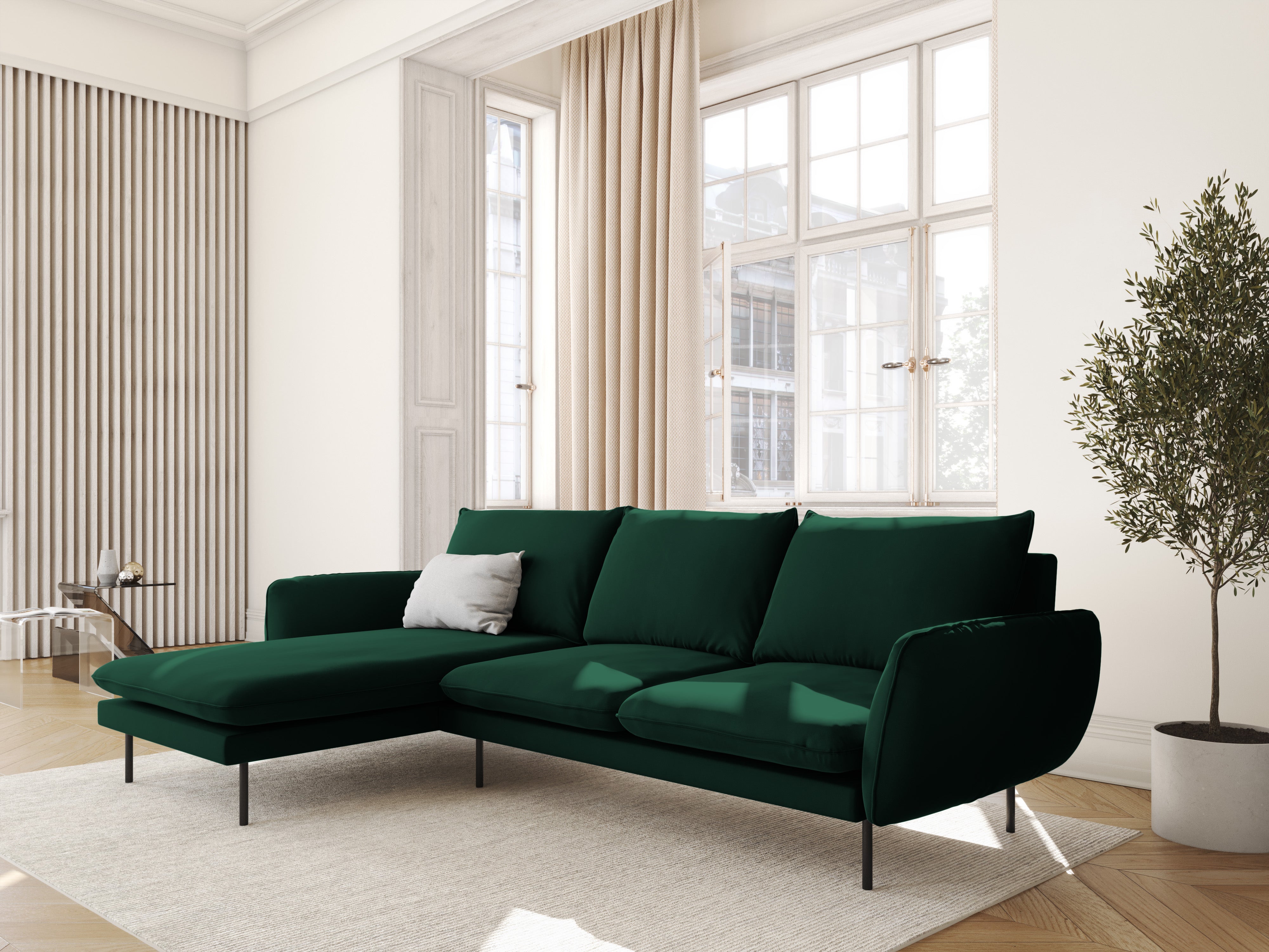 Samt-Ecksofa linksseitig für 5 Personen VIENNA in Flaschengrün mit schwarzem Gestell