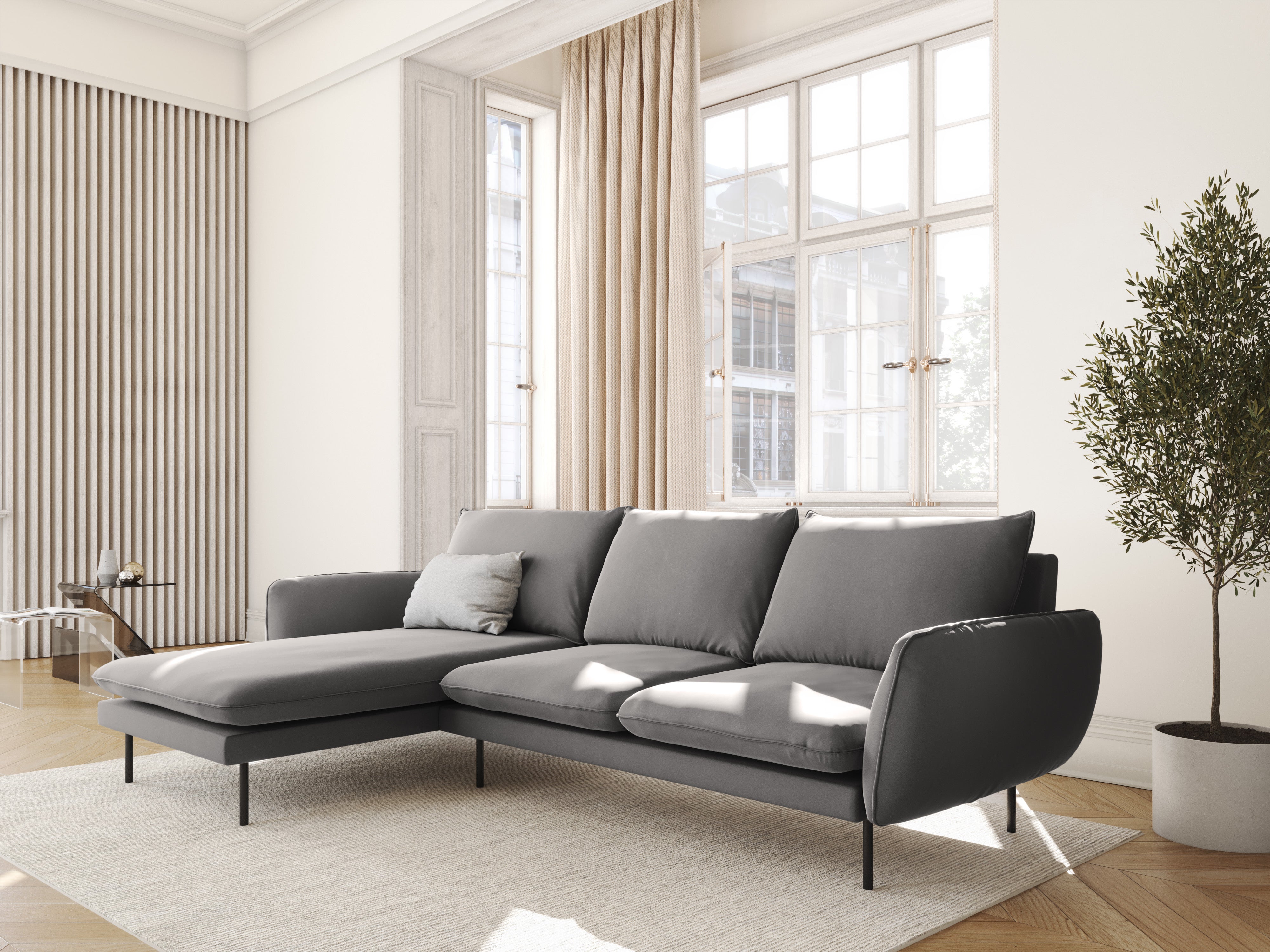 Velours hoekbank links 5-persoons VIENNA lichtgrijs met zwarte basis