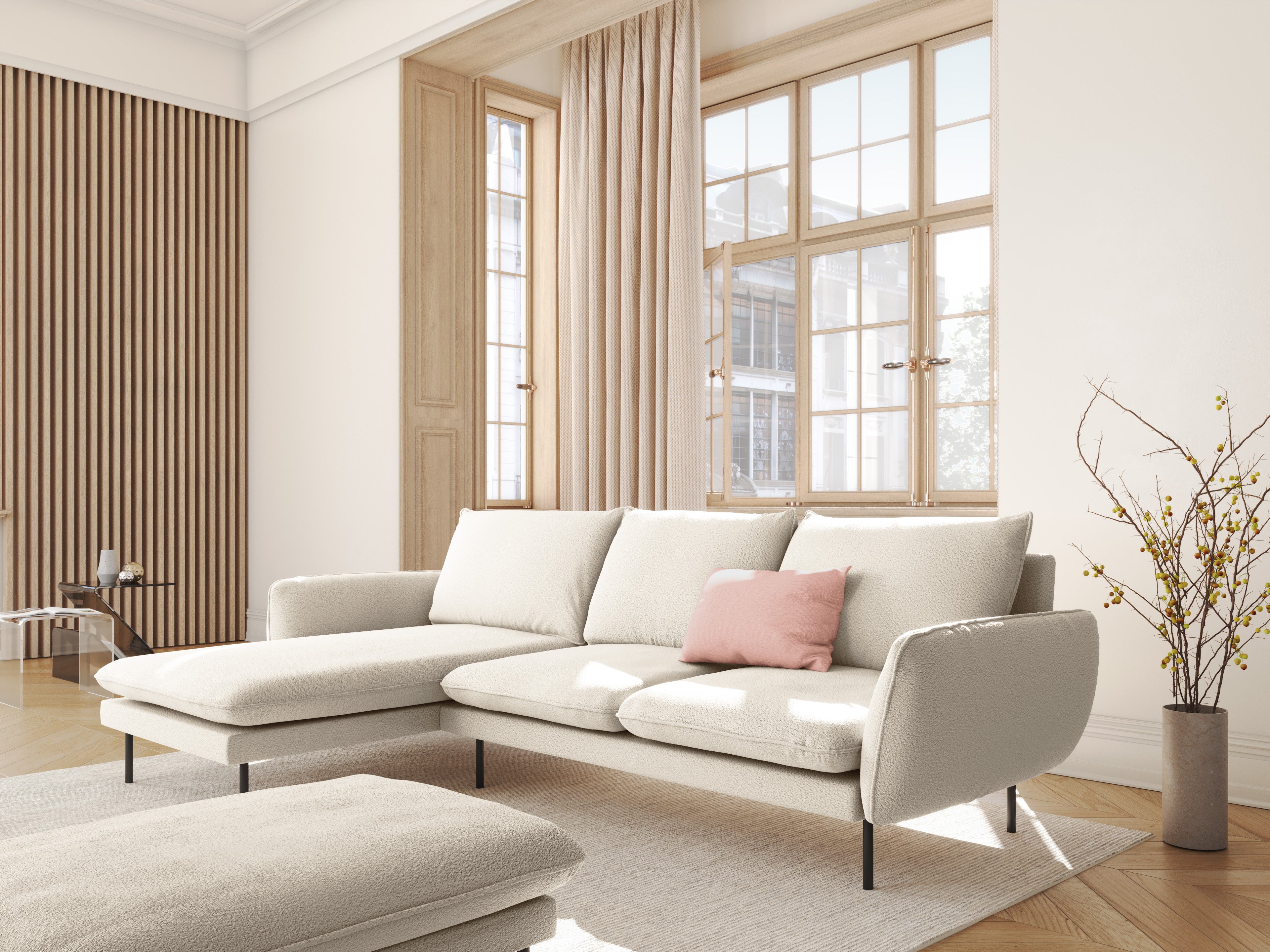 Ecksofa für 6 Personen links VIENNA beige Boucle mit schwarzem Gestell
