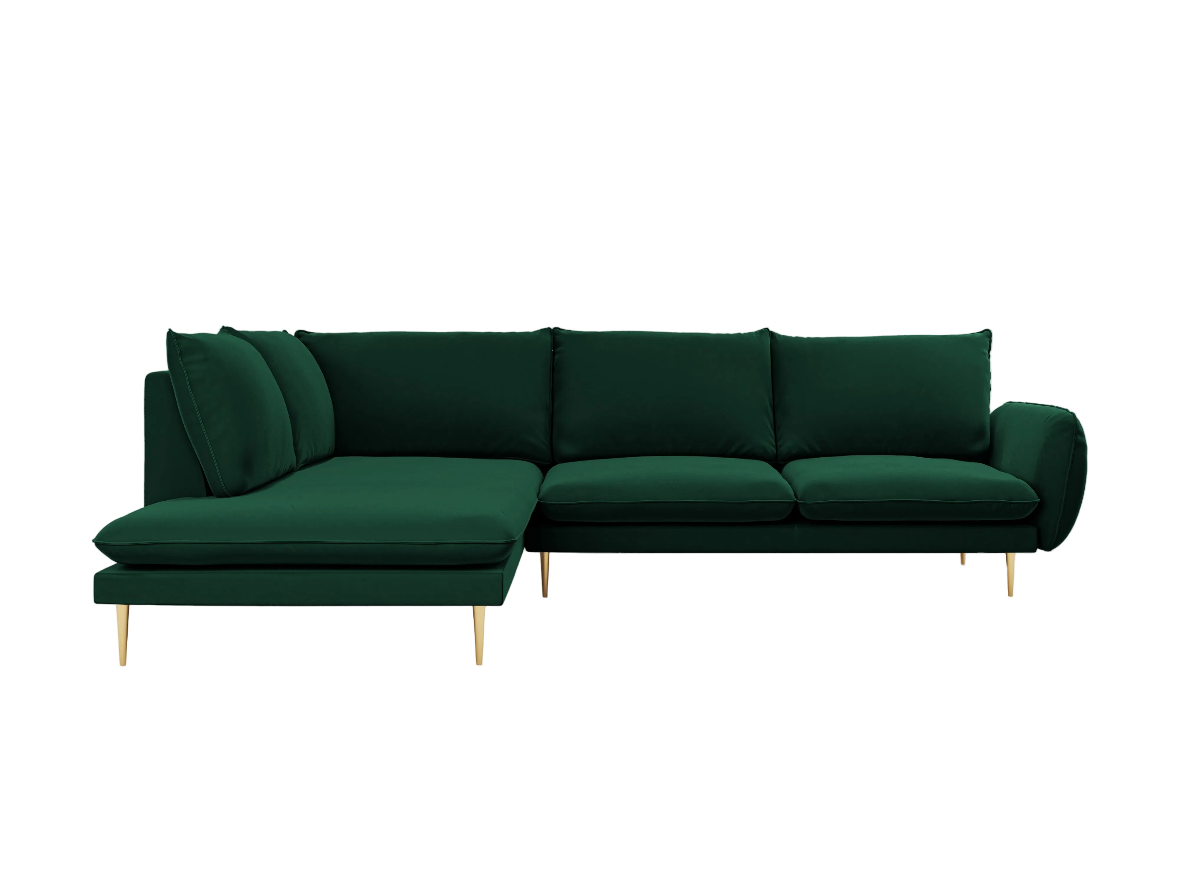 Velvet corner sofa for 6 people, left-facing, VIENNA, bottle green with a gold base