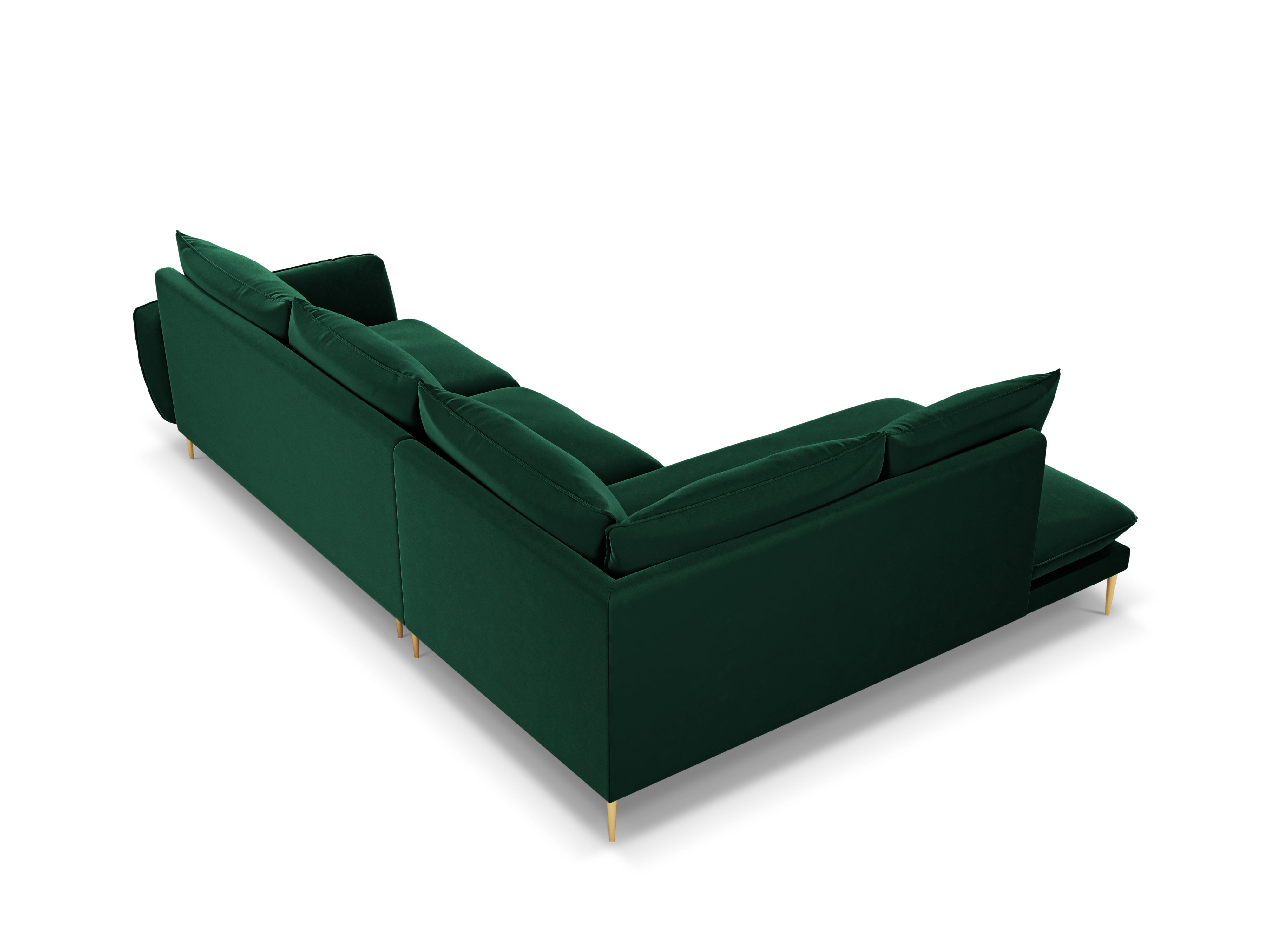Left-facing velvet corner sofa for 5 people VIENNA in bottle green with a gold base