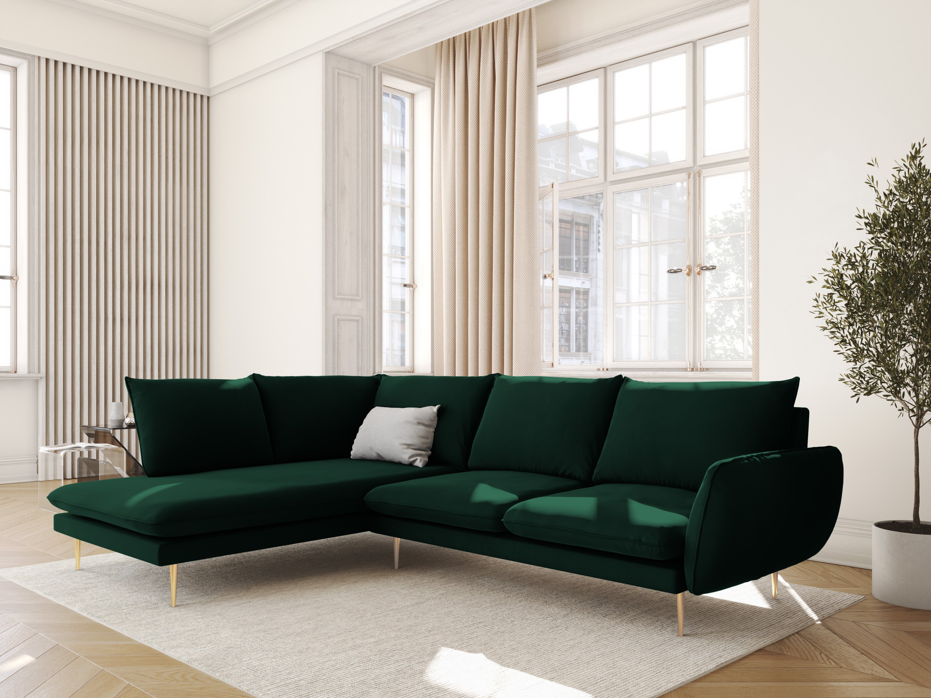 Velvet corner sofa for 6 people, left-facing, VIENNA, bottle green with a gold base