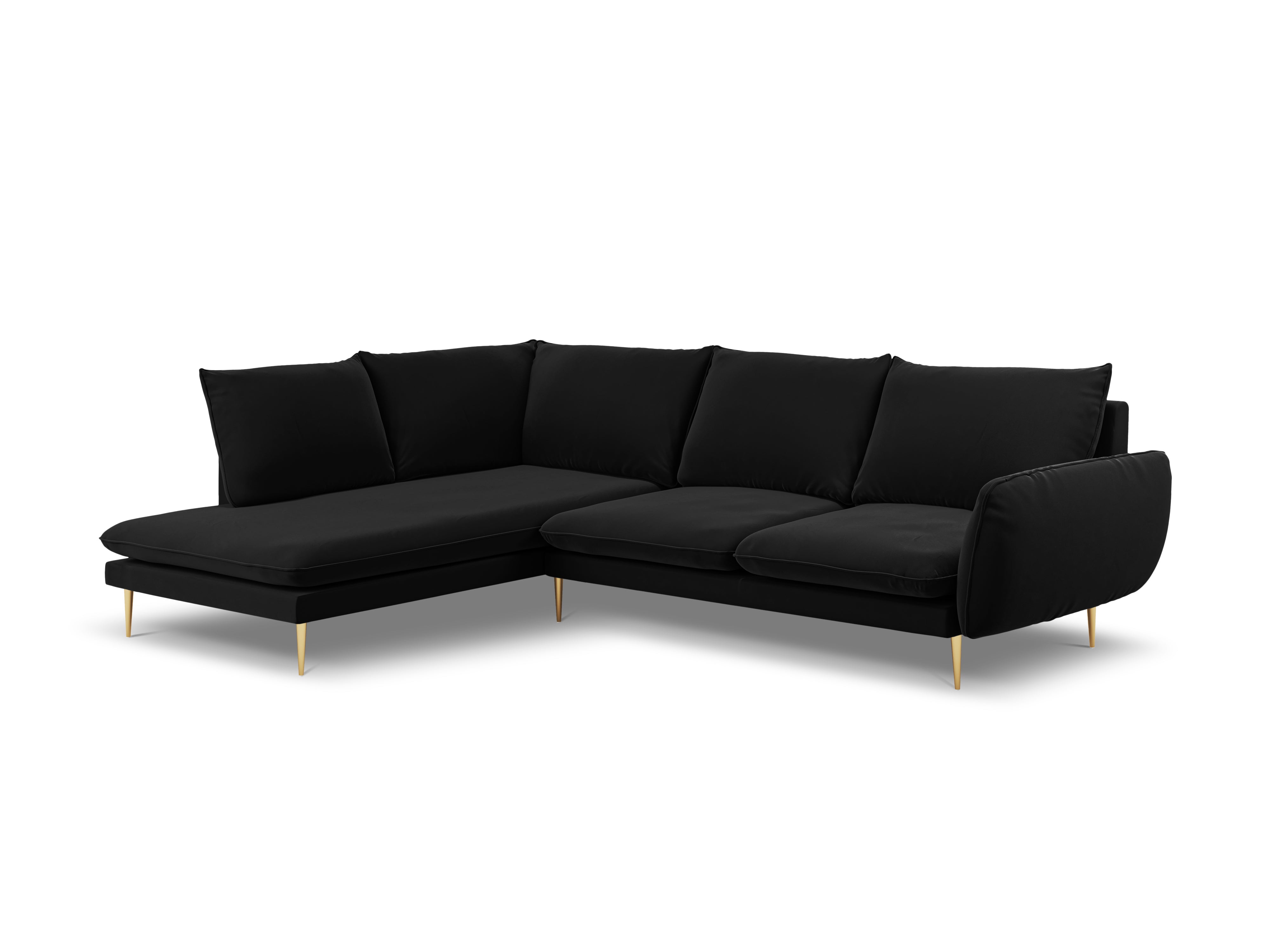 Samt-Ecksofa für 6 Personen links VIENNA schwarz mit goldenem Fuß