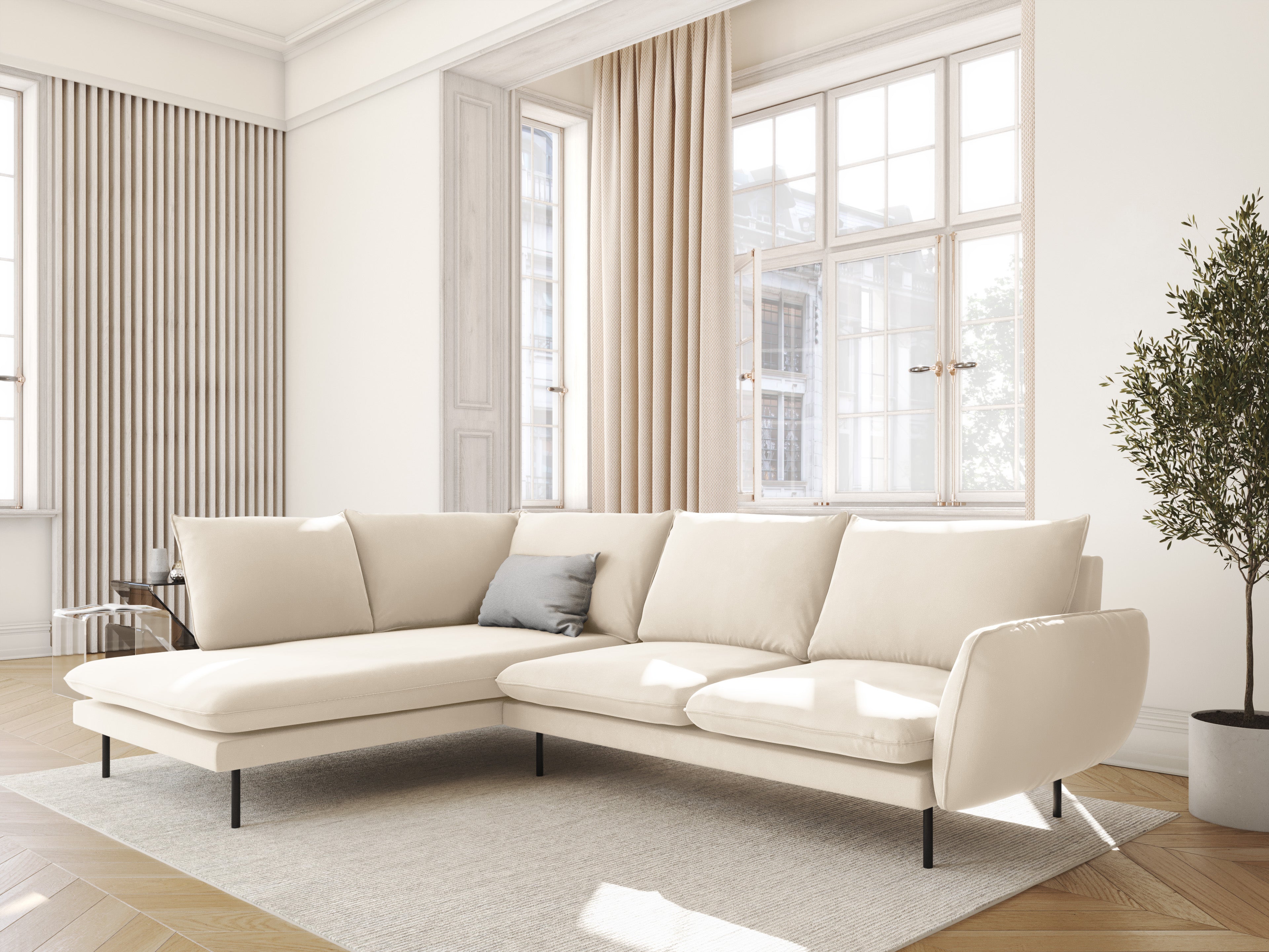 Beige 6-persoons linkszijdige fluwelen hoekbank VIENNA met zwarte basis