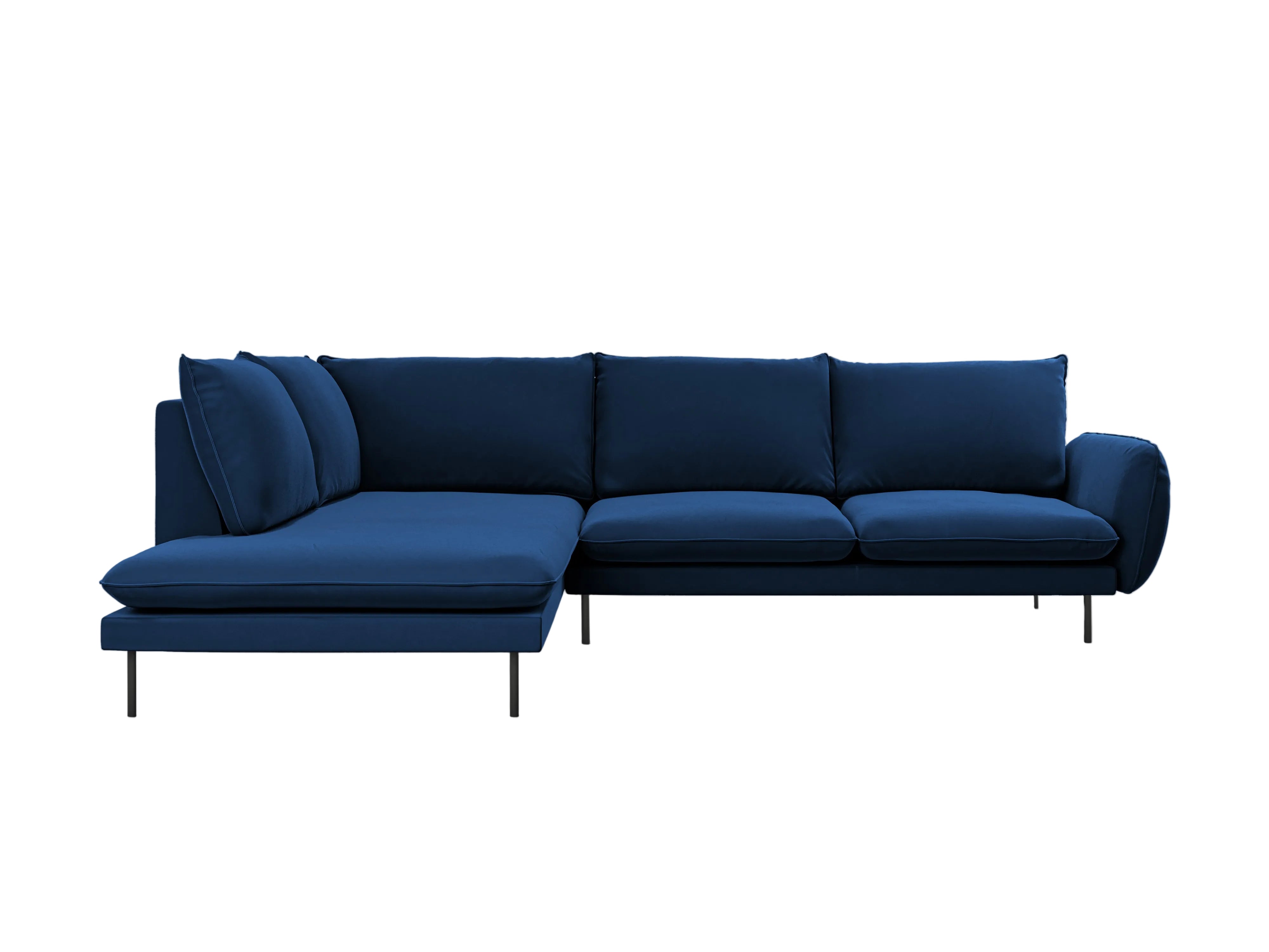 Velvet corner sofa for 6 people, left-facing VIENNA in royal blue with a black base