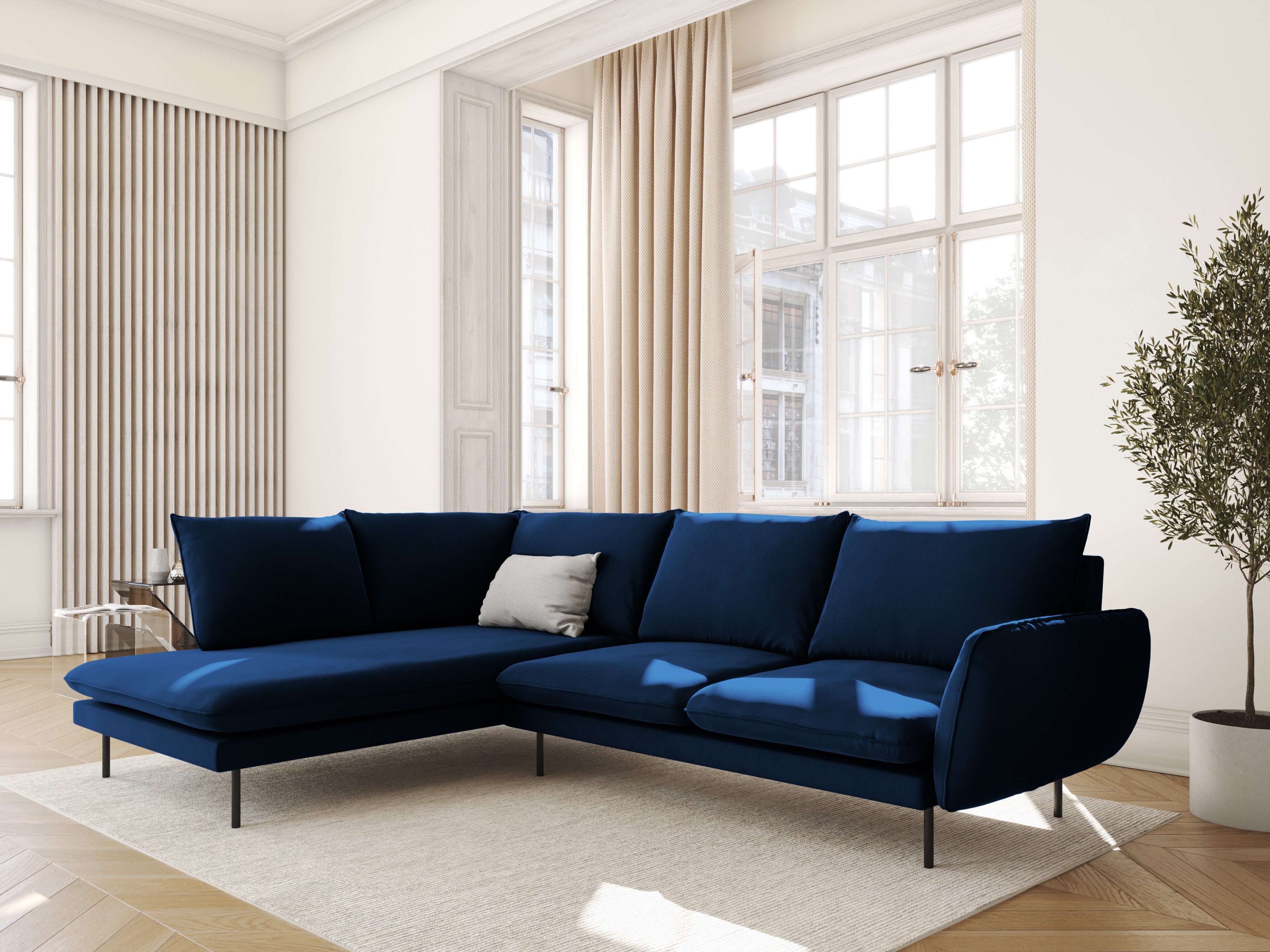 Velvet corner sofa for 6 people, left-facing VIENNA in royal blue with a black base
