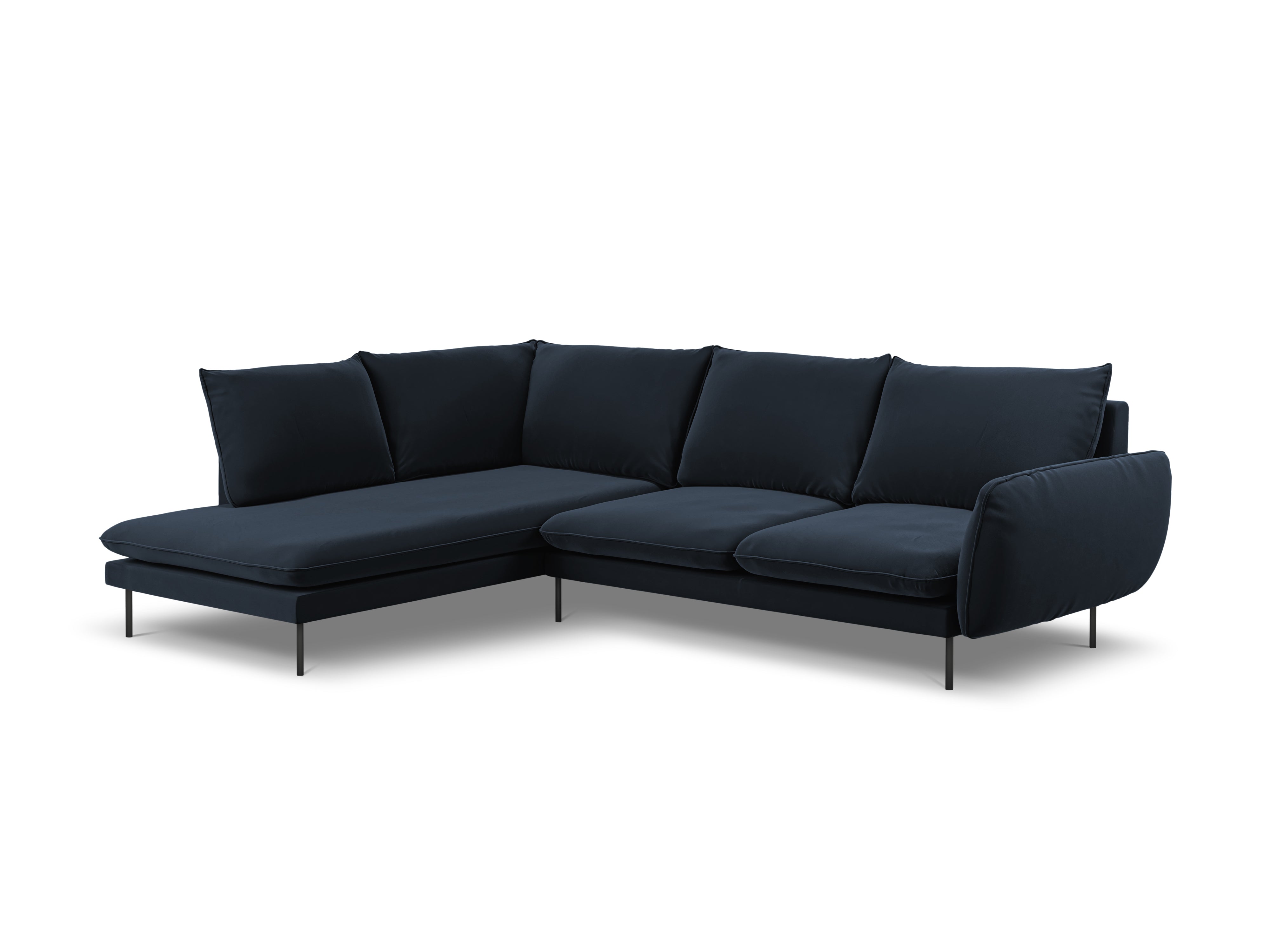 Fluwelen hoekbank voor 6 personen, links, VIENNA, donkerblauw met zwarte basis