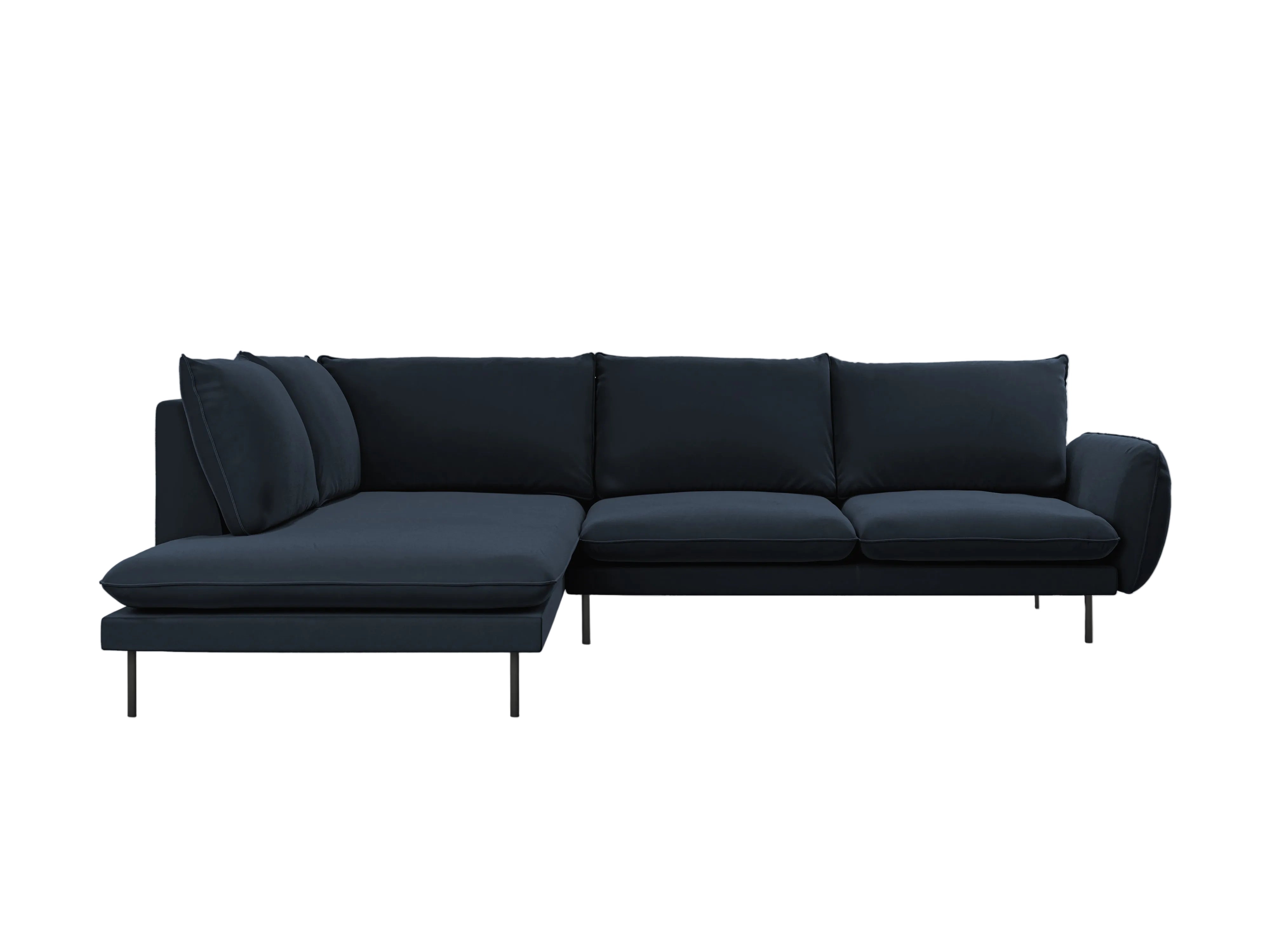 Left-facing velvet corner sofa for 5 people VIENNA in dark blue with a black base