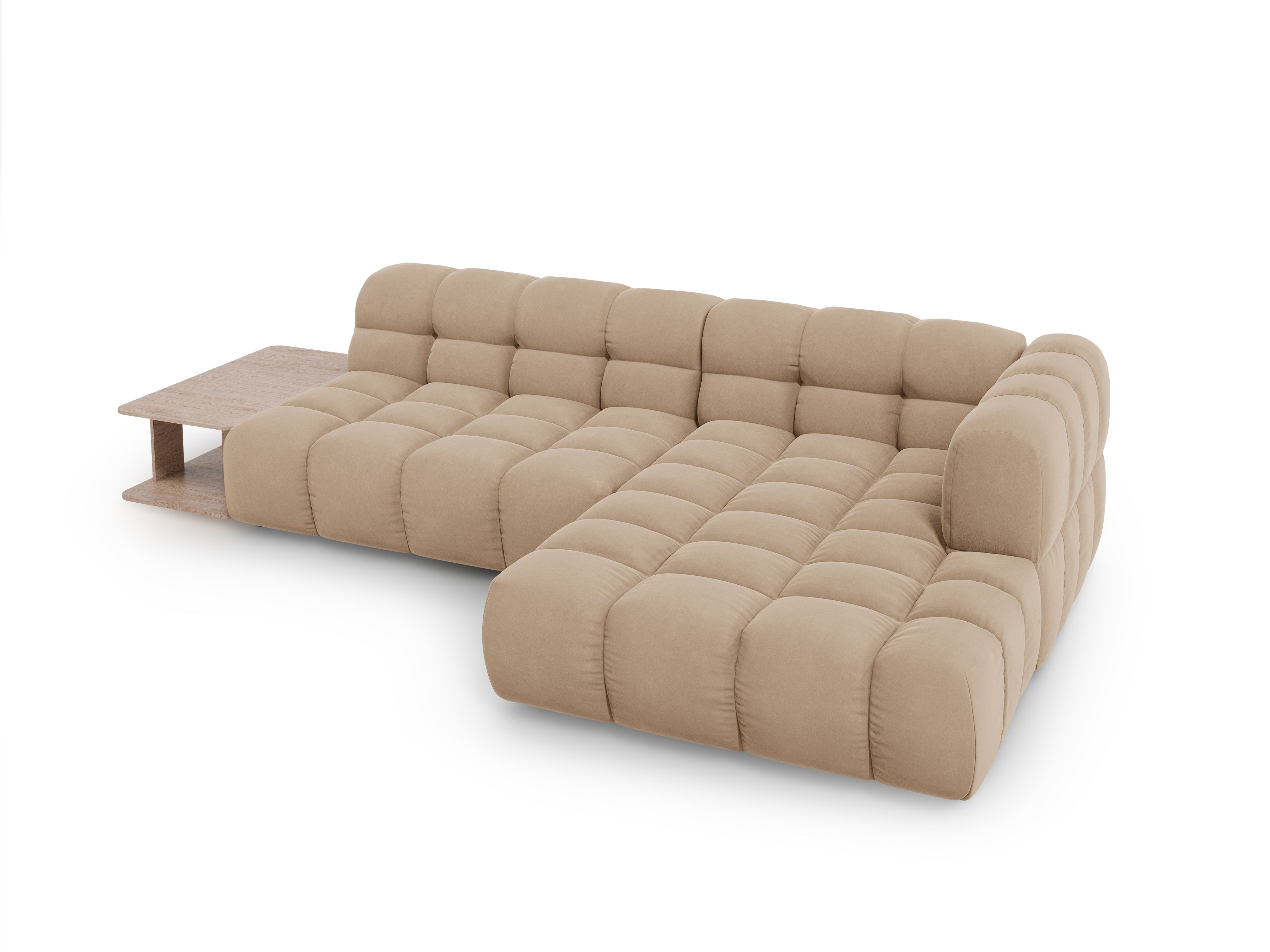 Narożnik aksamitny prawostronny 4-osobowy otwarty ze stolikiem SKY piaskowy Cosmopolitan Design Eye on Design