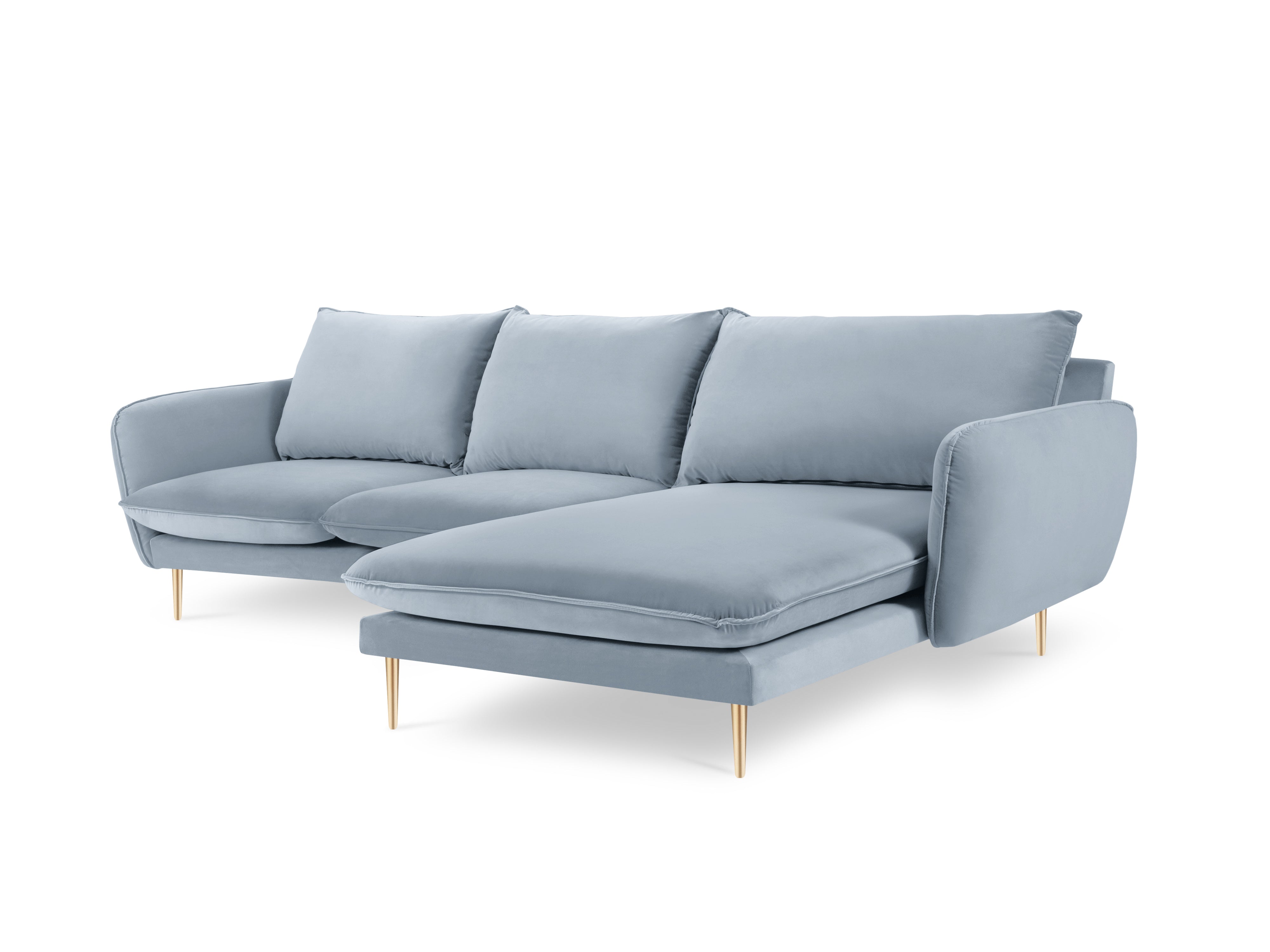 Samt-Ecksofa rechtsseitig für 5 Personen VIENNA hellblau mit goldenem Fuß