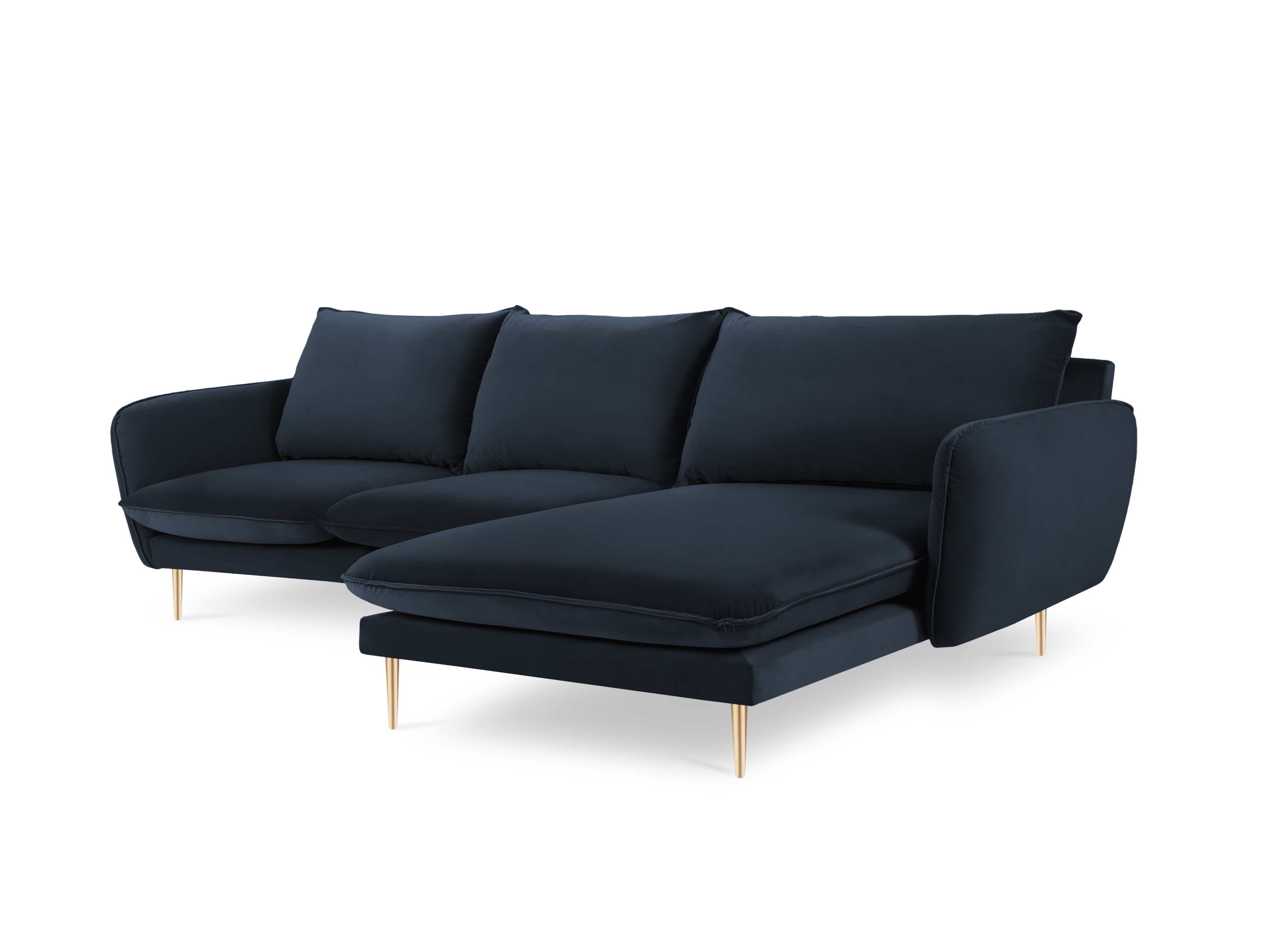 Samt-Ecksofa rechtsseitig für 5 Personen VIENNA dunkelblau mit goldenem Fuß