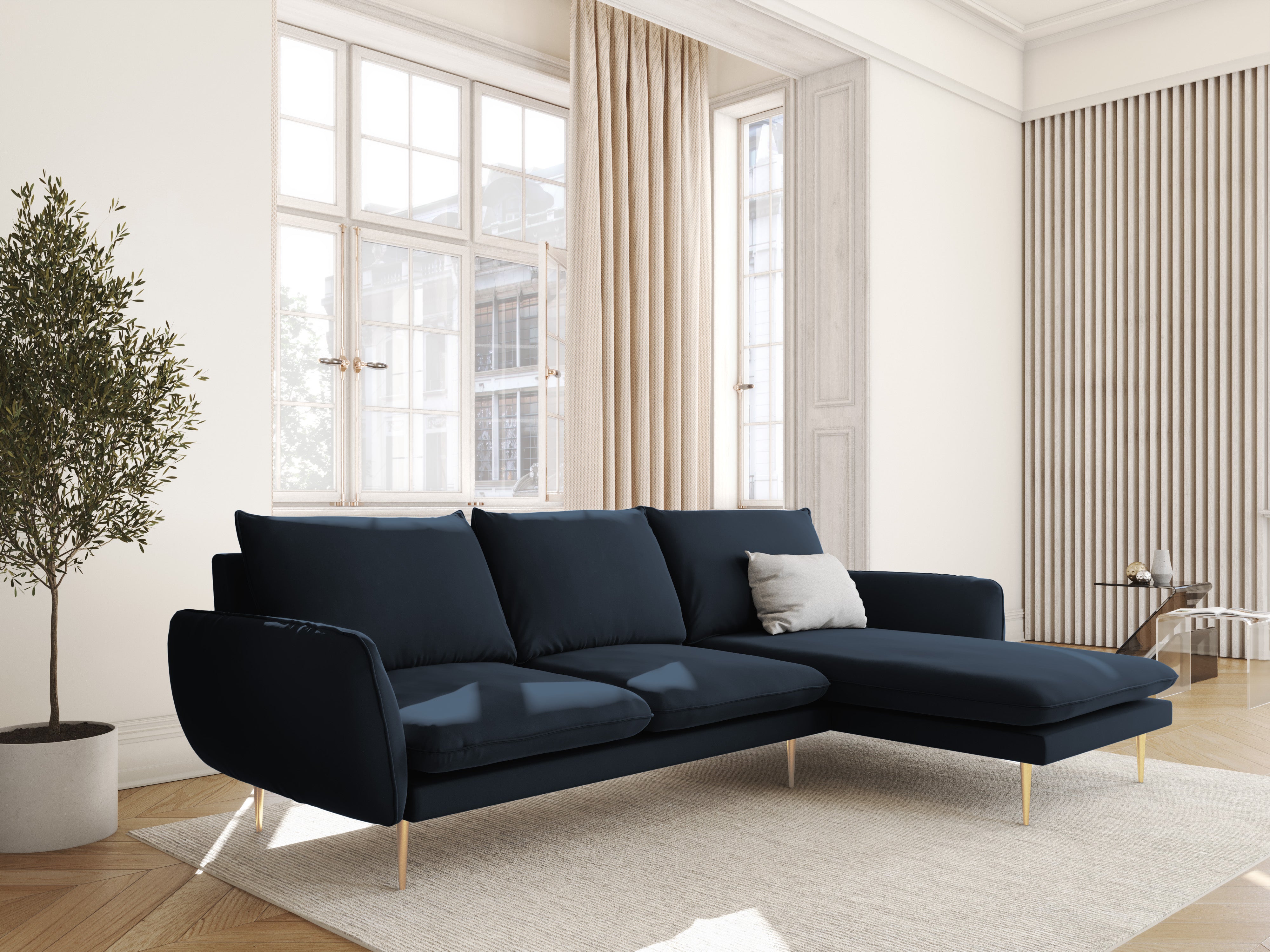 Samt-Ecksofa rechtsseitig für 5 Personen VIENNA dunkelblau mit goldenem Fuß