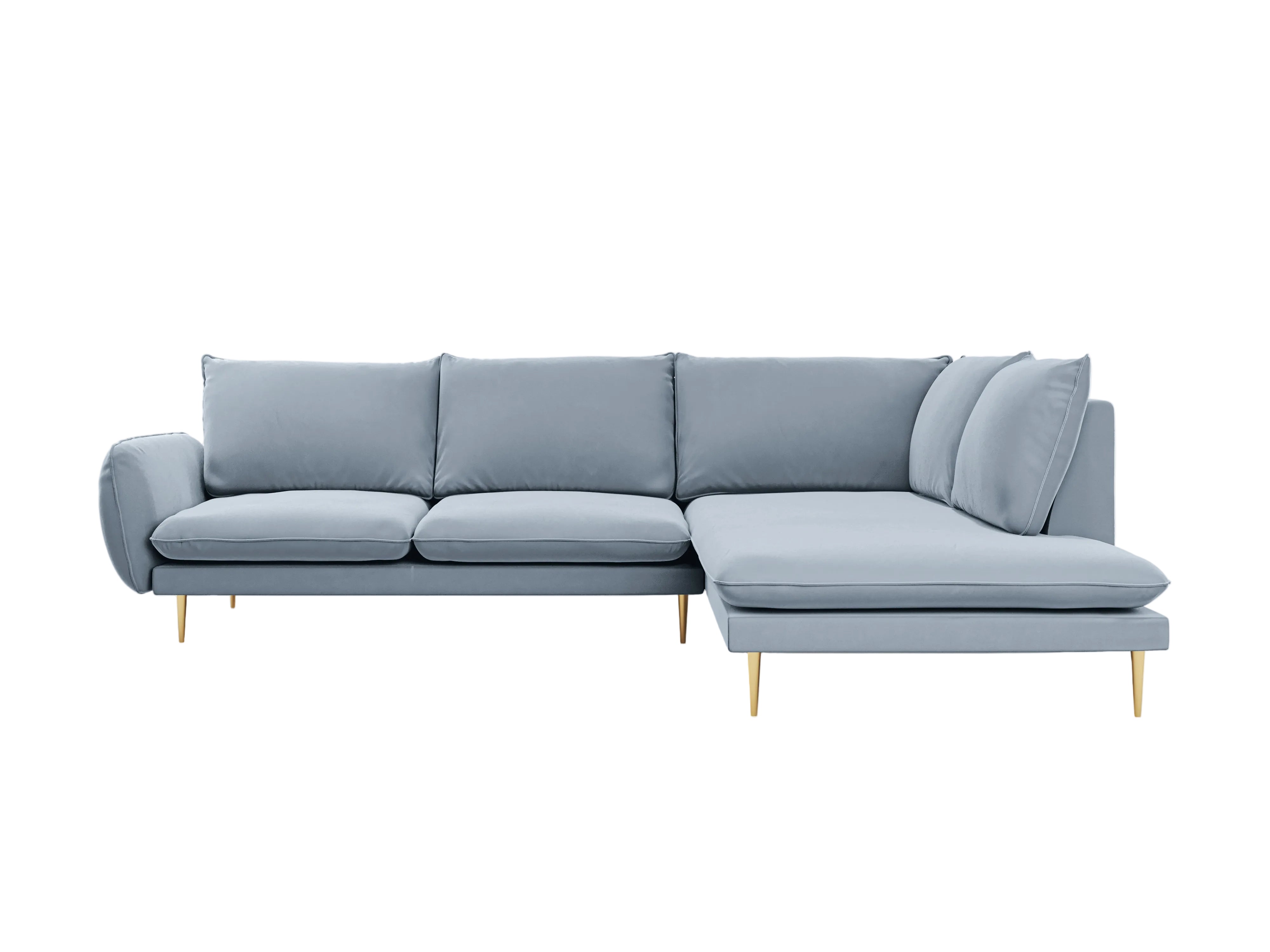 Samt-Ecksofa für 6 Personen, rechtsseitig, VIENNA, hellblau mit goldenem Fuß