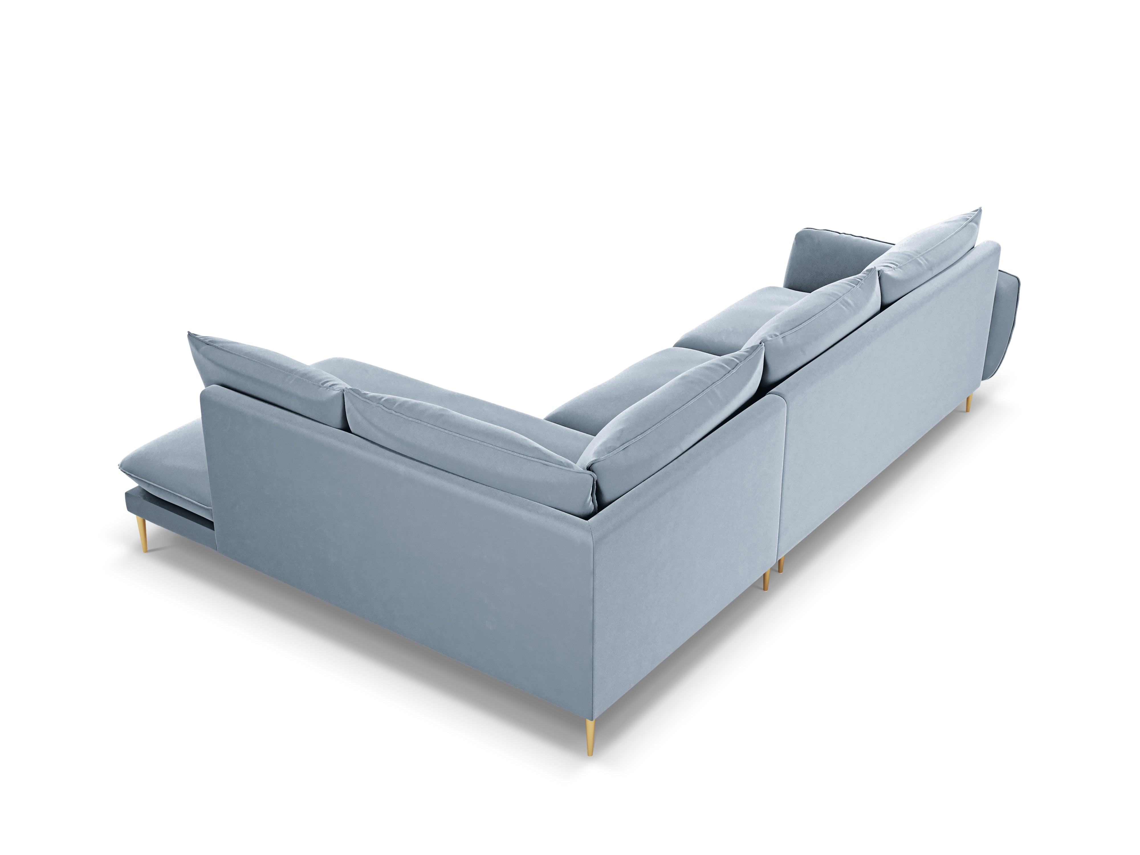 Samt-Ecksofa für 6 Personen, rechtsseitig, VIENNA, hellblau mit goldenem Fuß