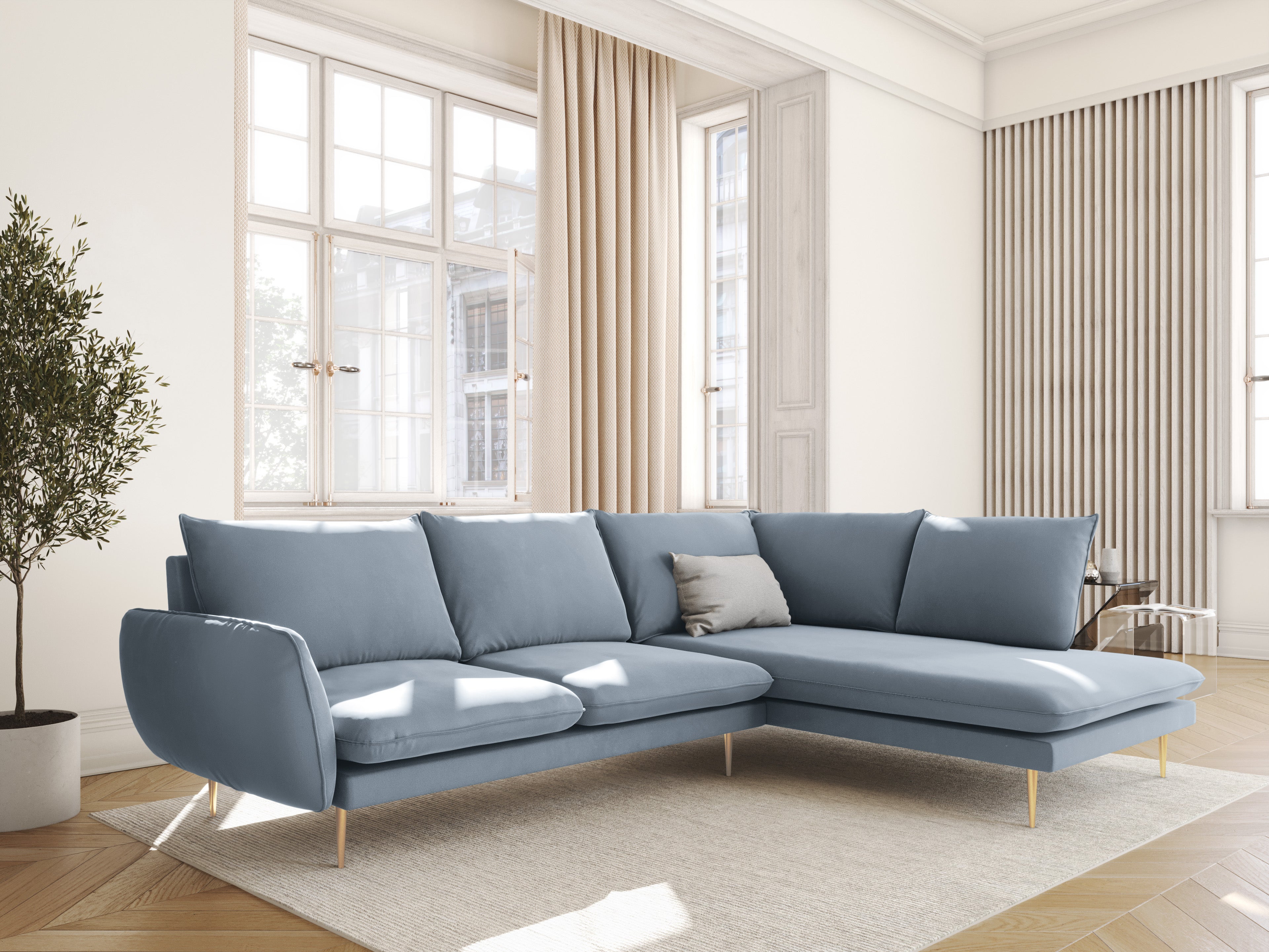 Samt-Ecksofa für 6 Personen, rechtsseitig, VIENNA, hellblau mit goldenem Fuß