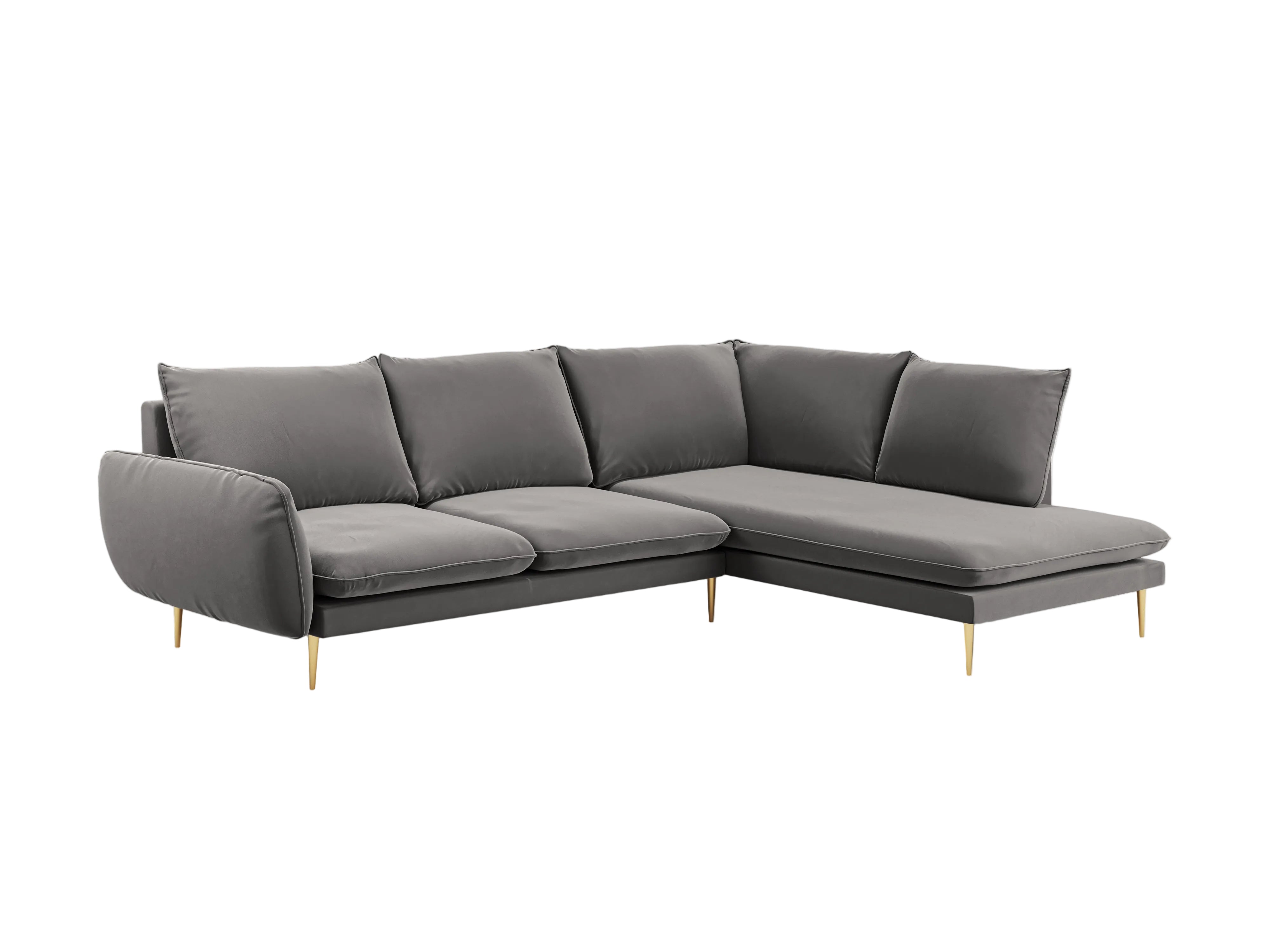 Velvet corner sofa, right-facing, 5-seater VIENNA in light gray with a gold base