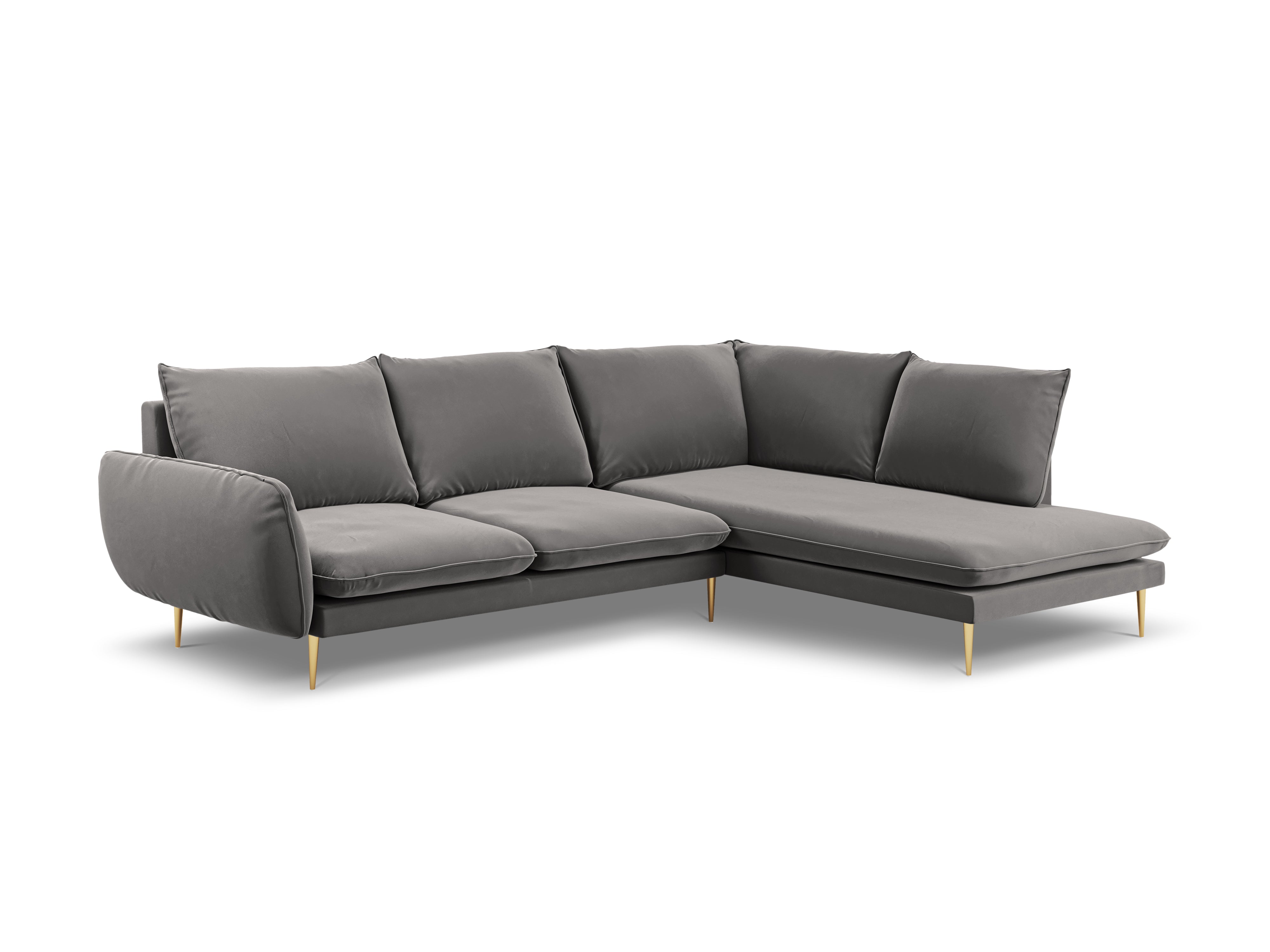 Velvet corner sofa for 6 people, right-facing VIENNA in light gray with a gold base