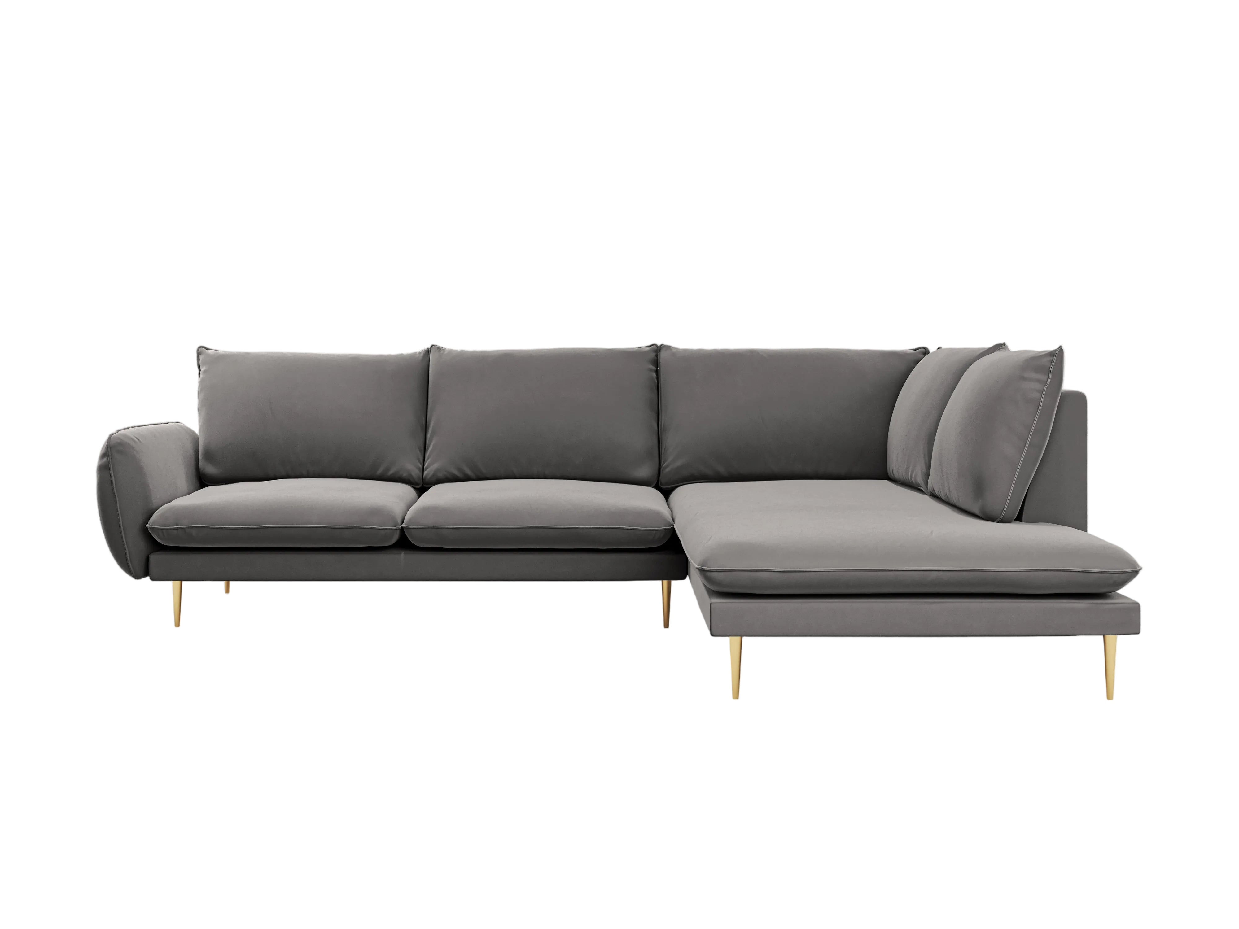 Velvet corner sofa for 6 people, right-facing VIENNA in light gray with a gold base