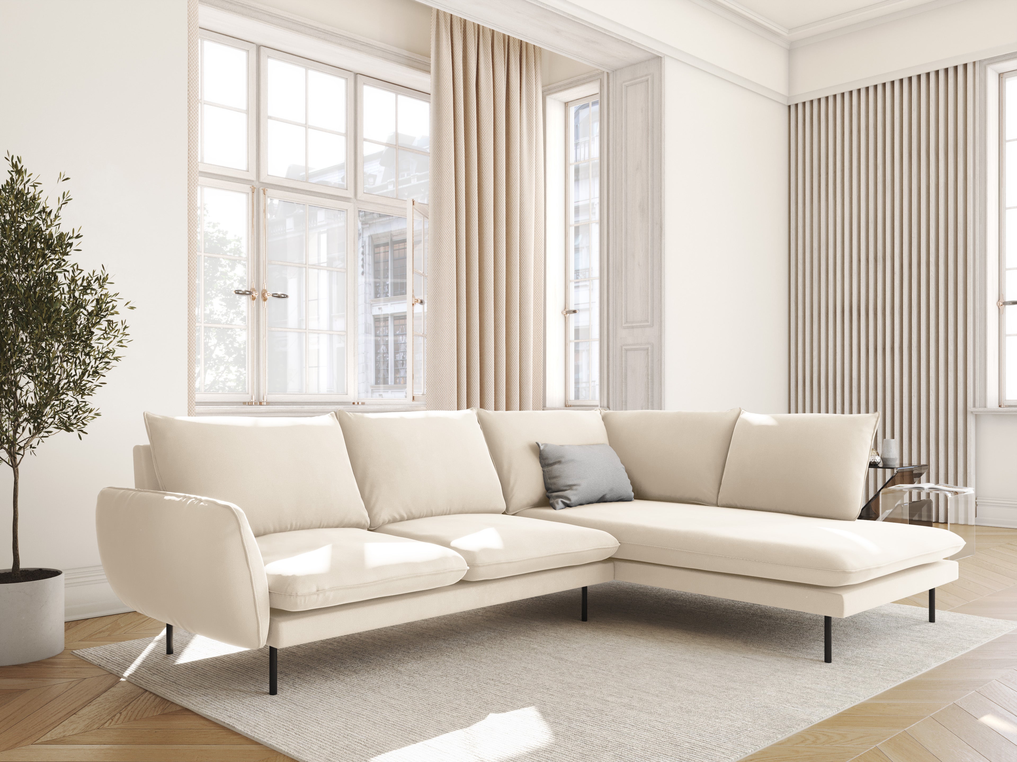 Beige 6-persoons fluwelen hoekbank rechts VIENNA met zwarte basis