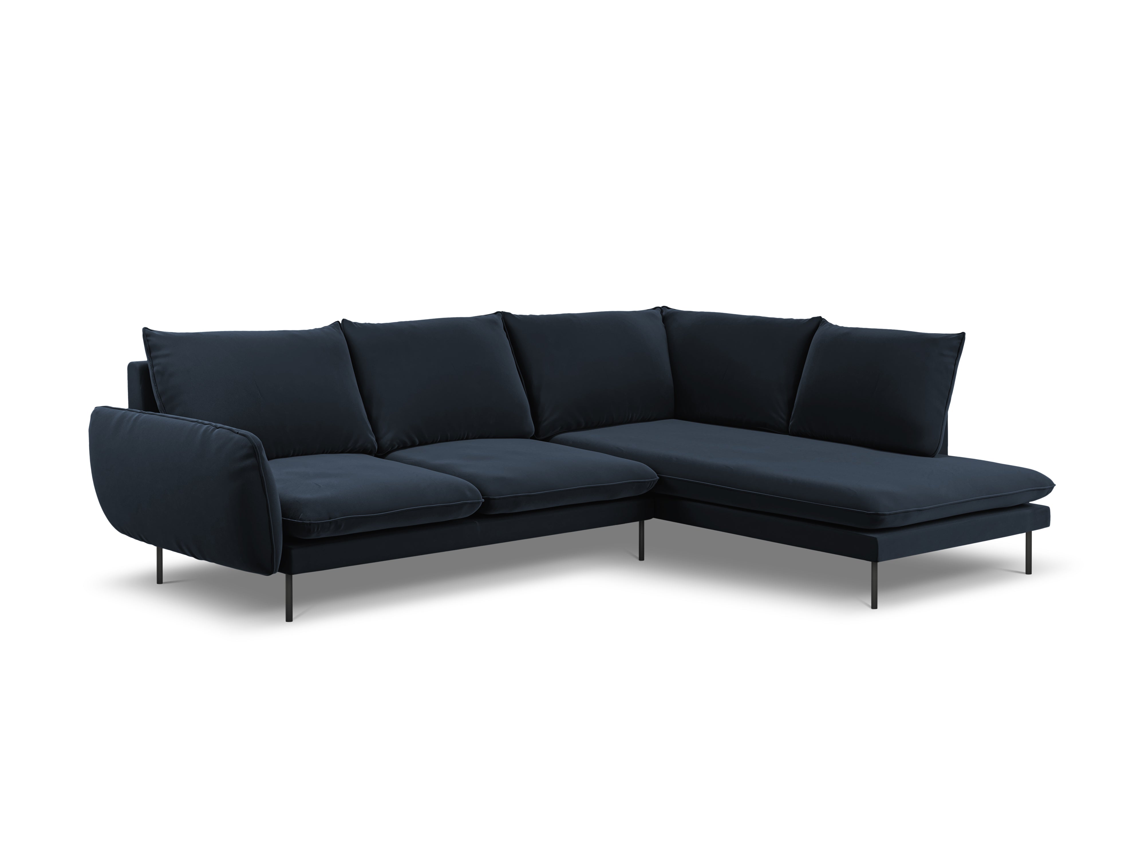 Samt-Ecksofa für 6 Personen rechts VIENNA dunkelblau mit schwarzem Fuß