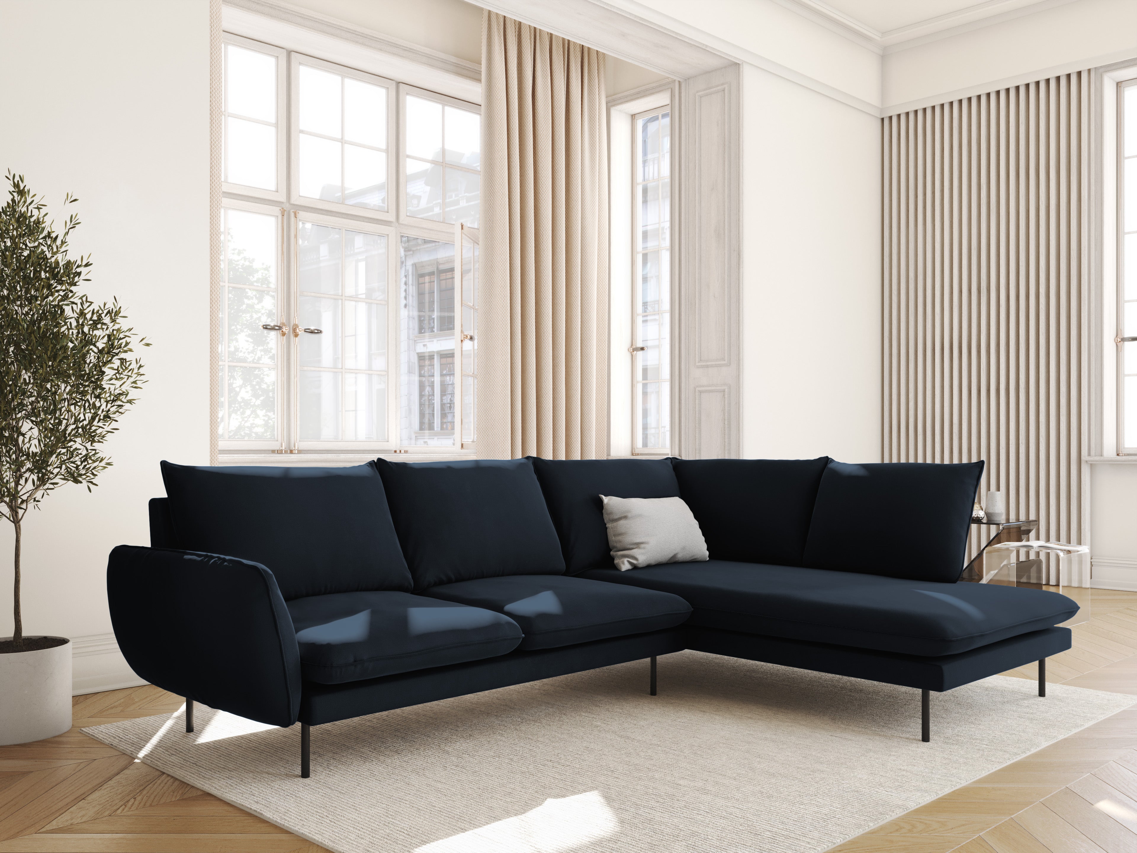 Samt-Ecksofa für 6 Personen rechts VIENNA dunkelblau mit schwarzem Fuß