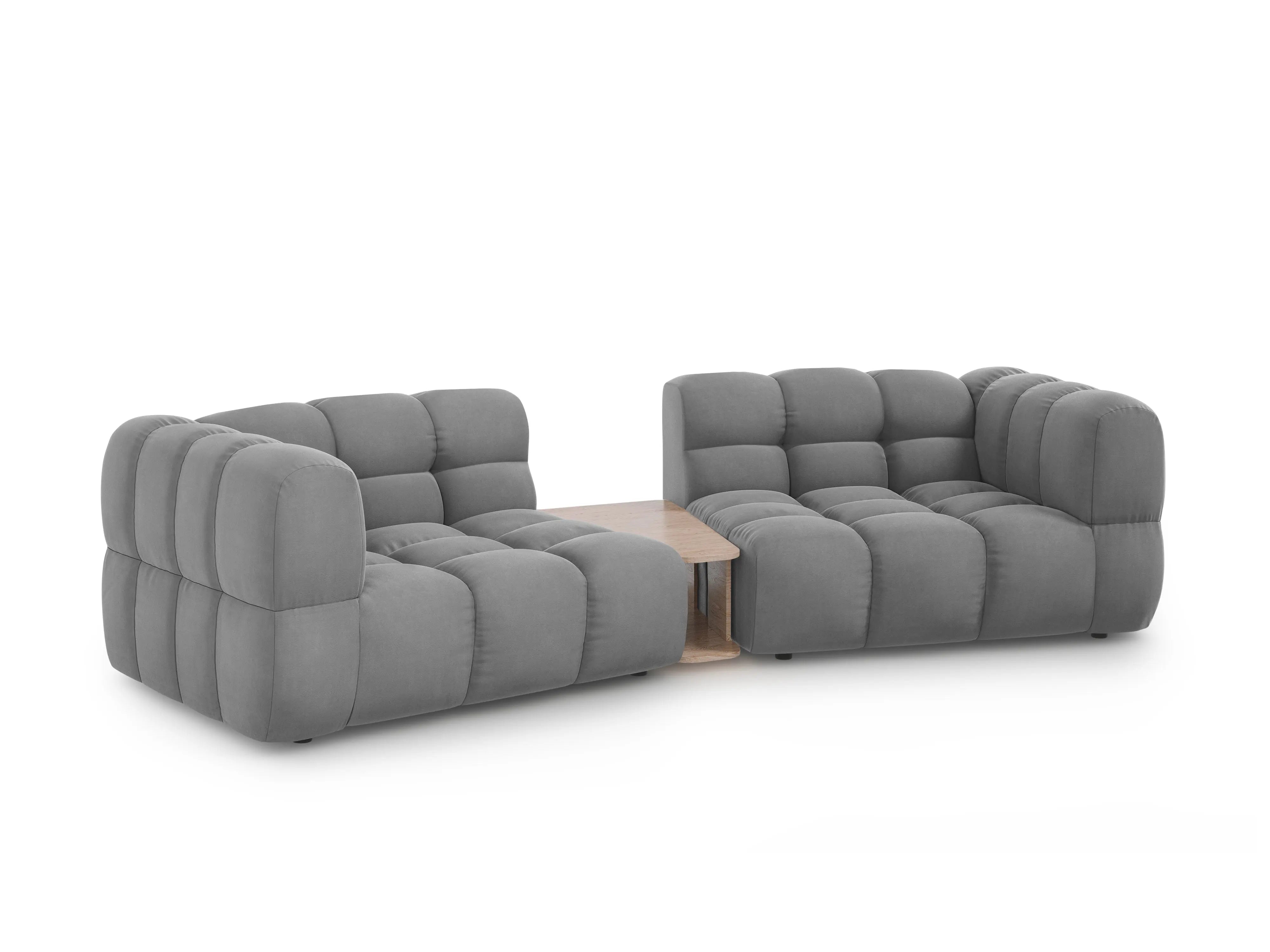 Sofa aksamitna 2-osobowa zaokrąglona ze stolikiem SKY jasnoszary – Cosmopolitan Design