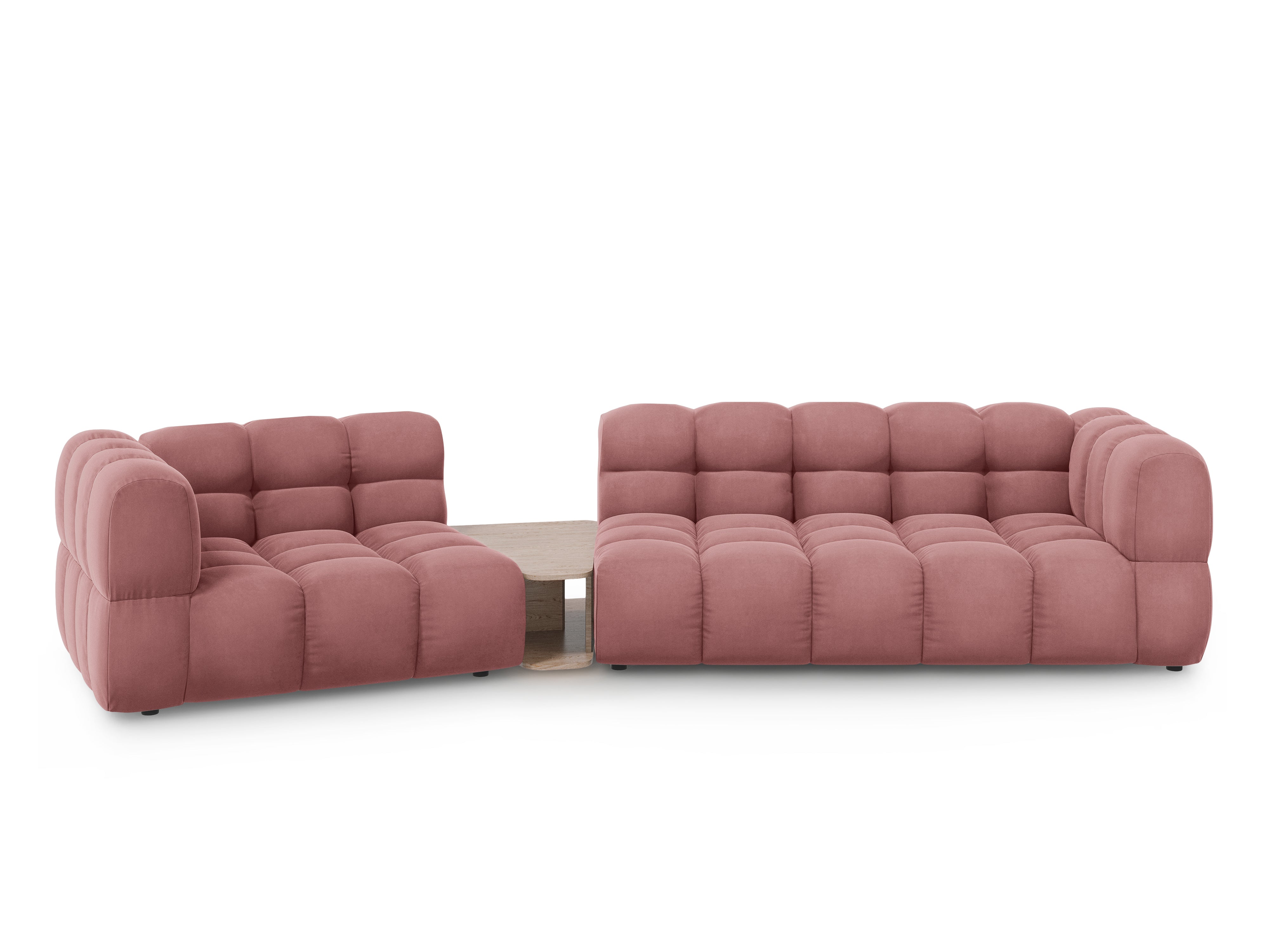 Sofa aksamitna lewostronna 3-osobowa zaokrąglona ze stolikiem SKY łososiowy Cosmopolitan Design Eye on Design