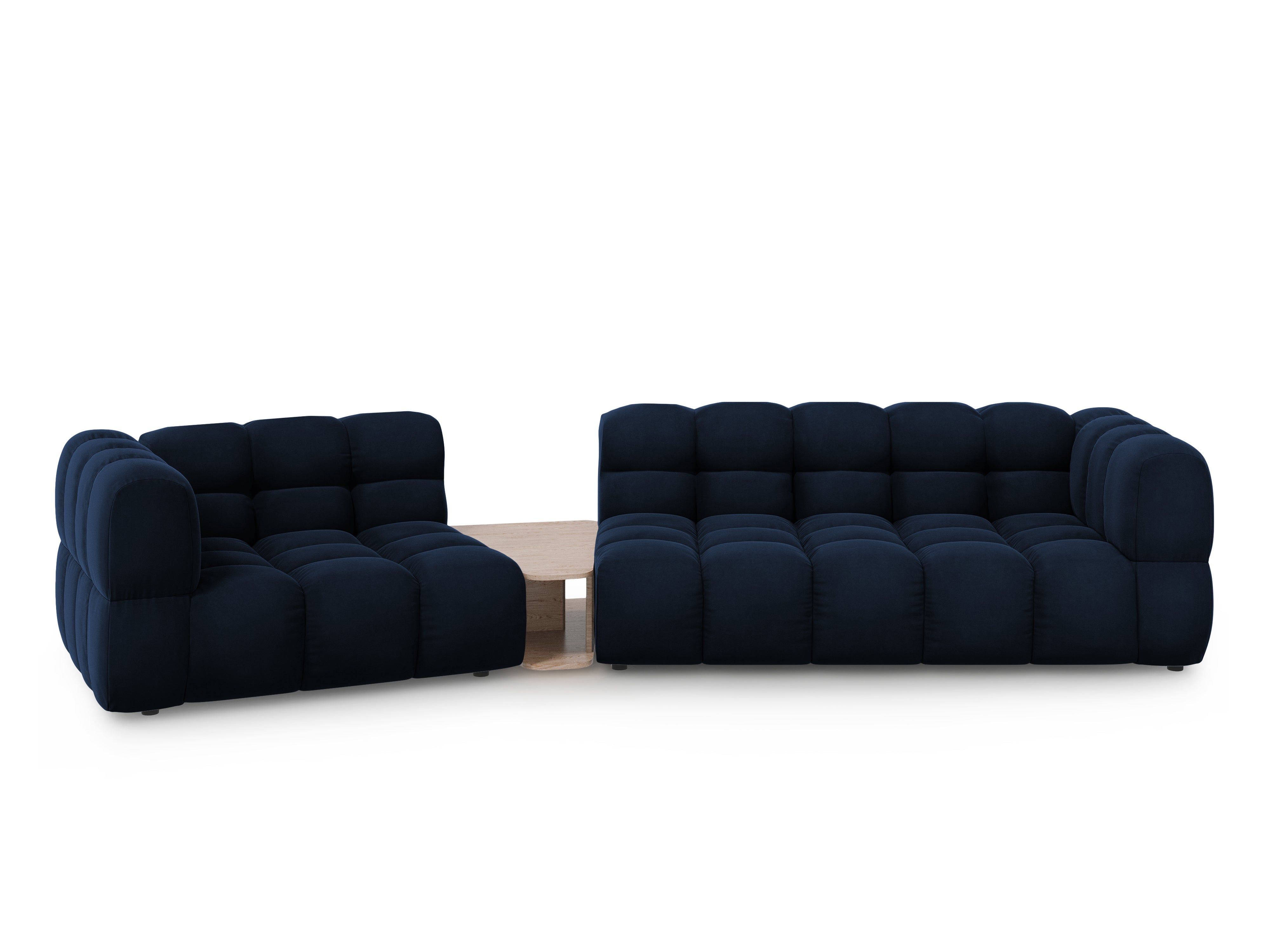Sofa aksamitna lewostronna 3-osobowa zaokrąglona ze stolikiem SKY granat królewski Cosmopolitan Design Eye on Design