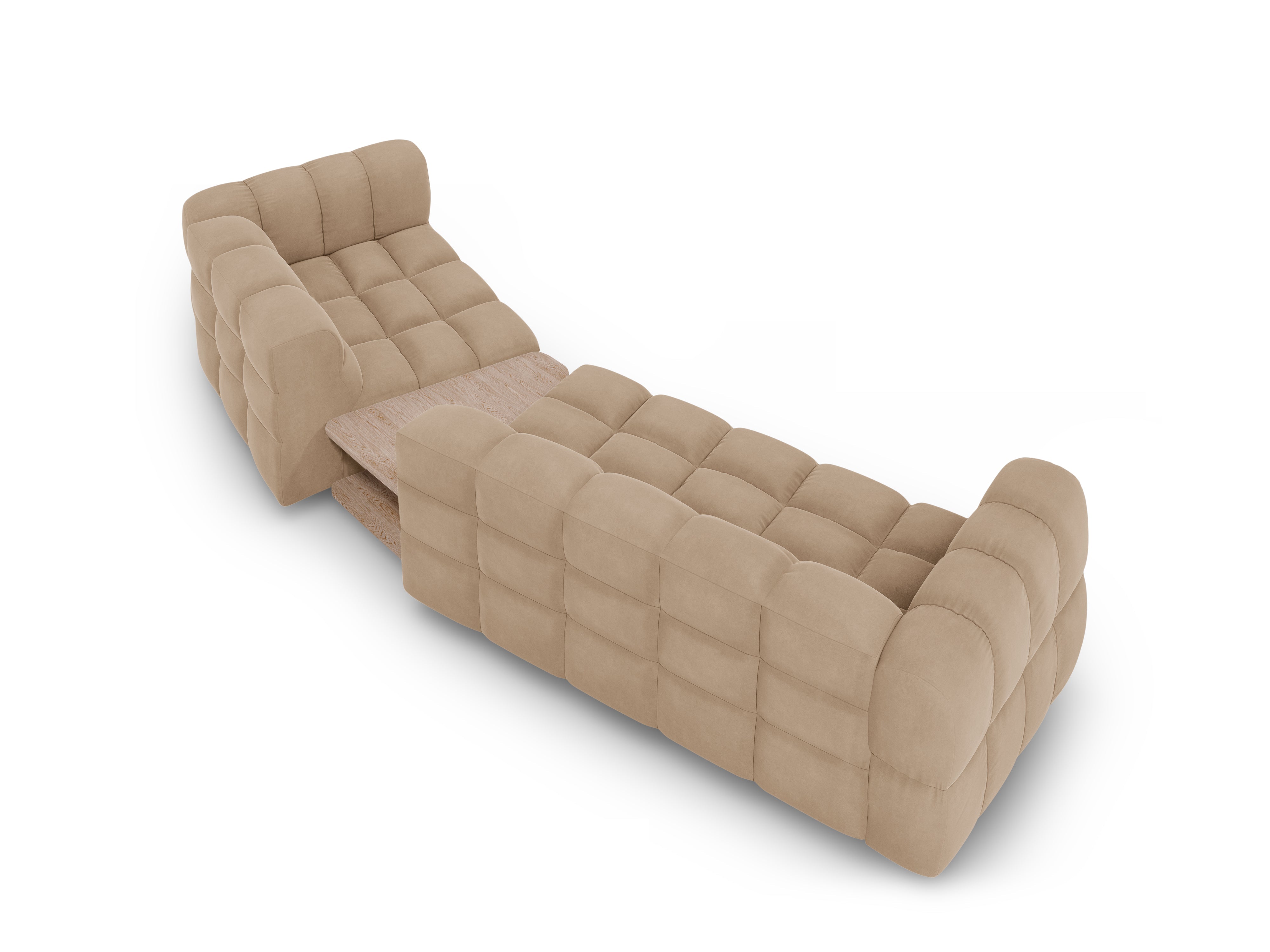 Sofa aksamitna prawostronna 3-osobowa zaokrąglona ze stolikiem SKY piaskowy Cosmopolitan Design Eye on Design