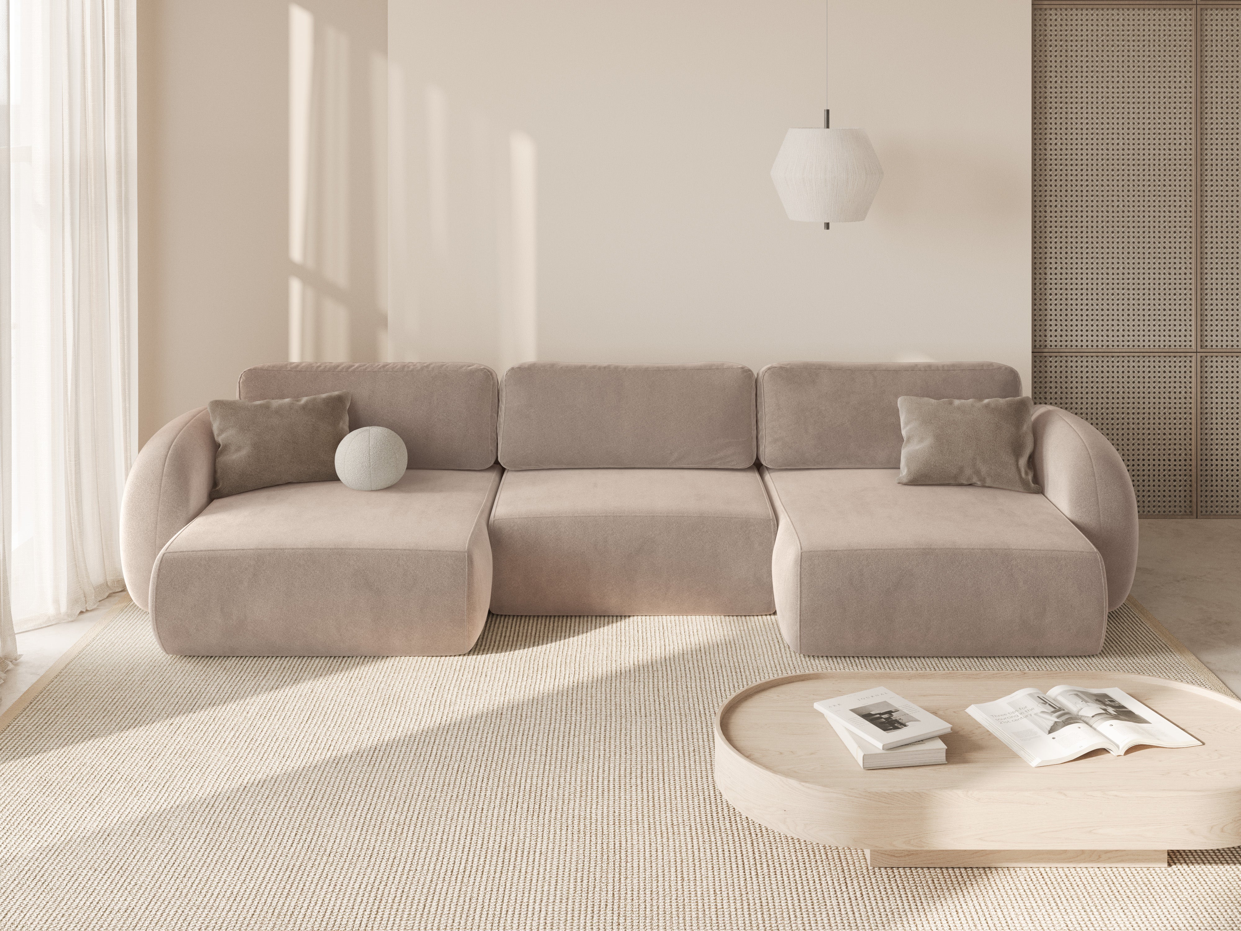 Panoramische fluwelen bank met slaapfunctie voor 5 personen TONALE beige