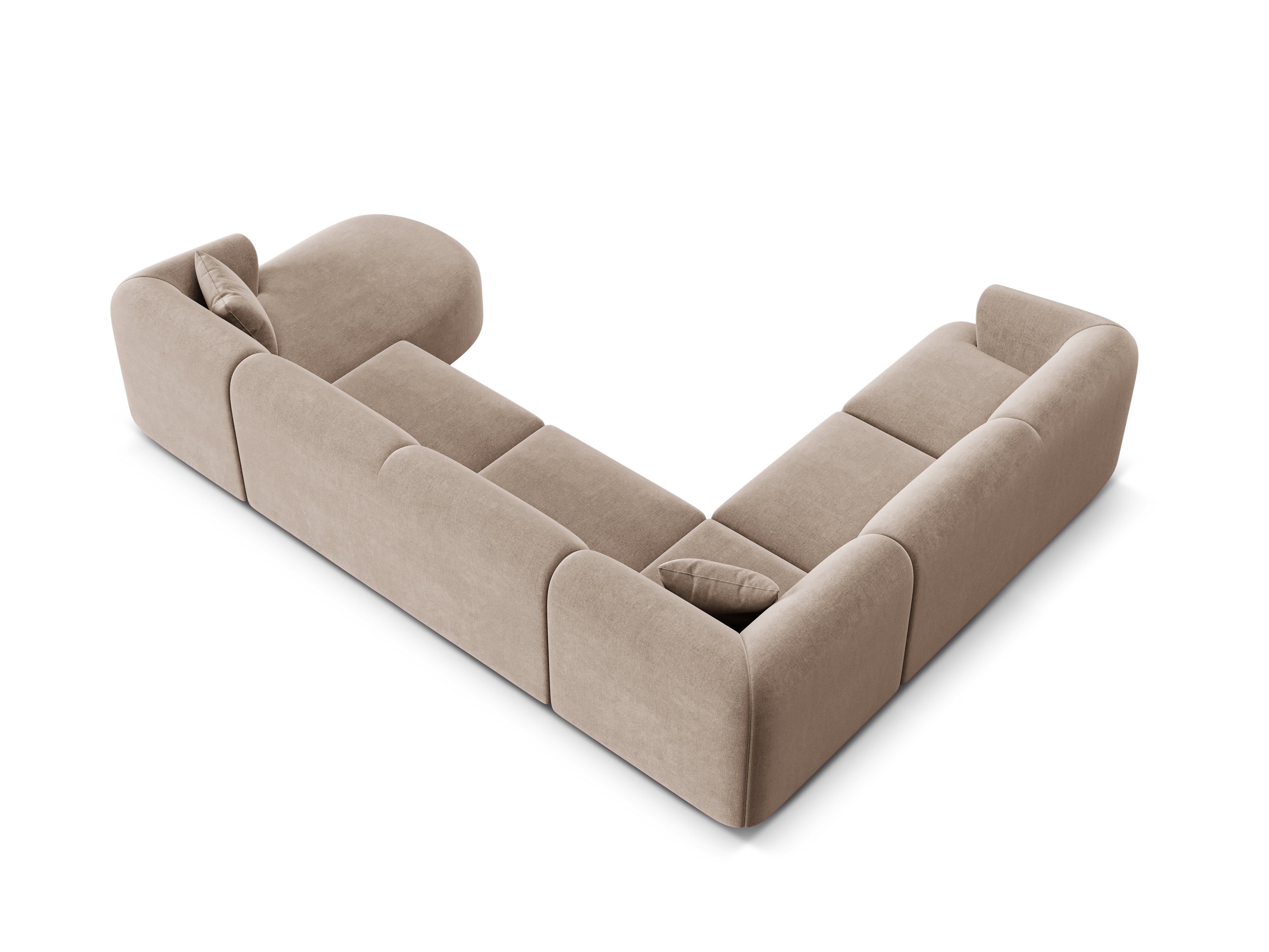 Linksseitiges, samtiges, panoramisches 7-Sitzer-Sofa CAMPI in dunkelbeige