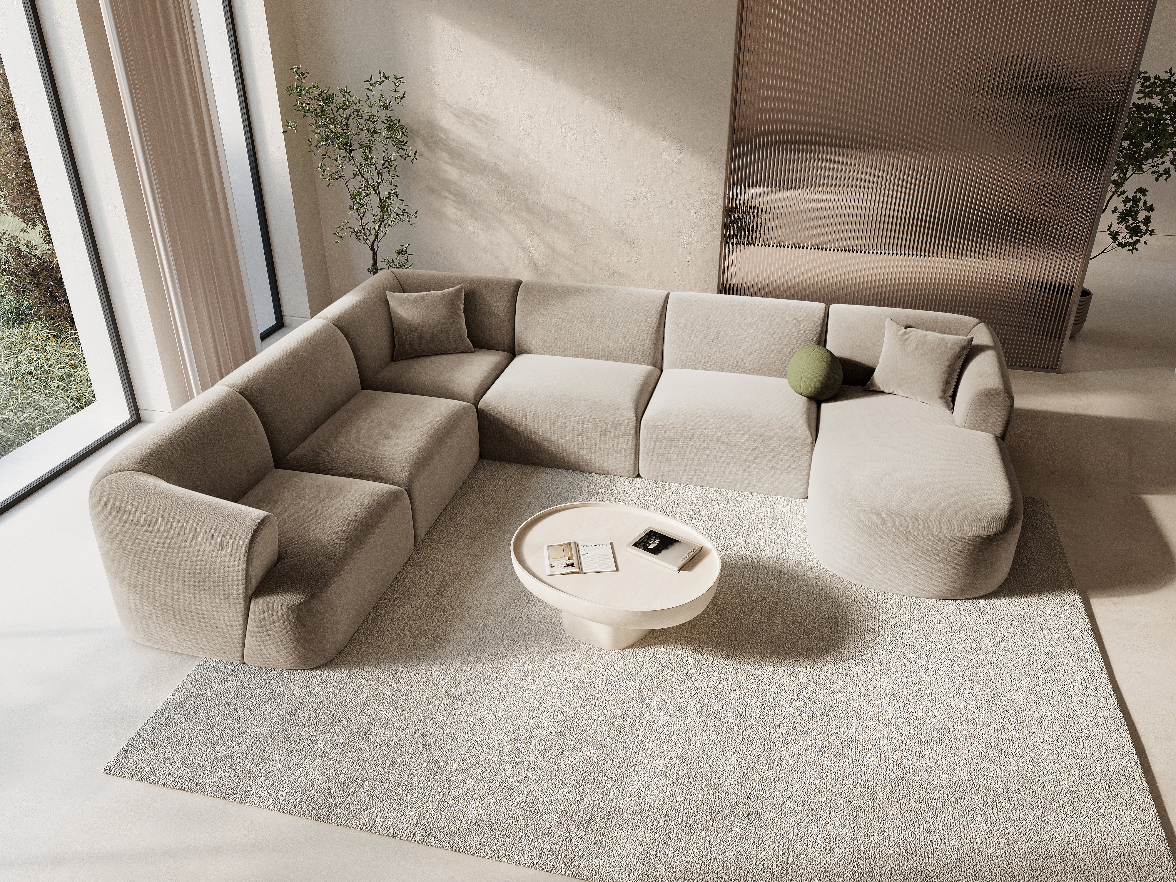 Linksseitiges, samtiges, panoramisches 7-Sitzer-Sofa CAMPI in dunkelbeige