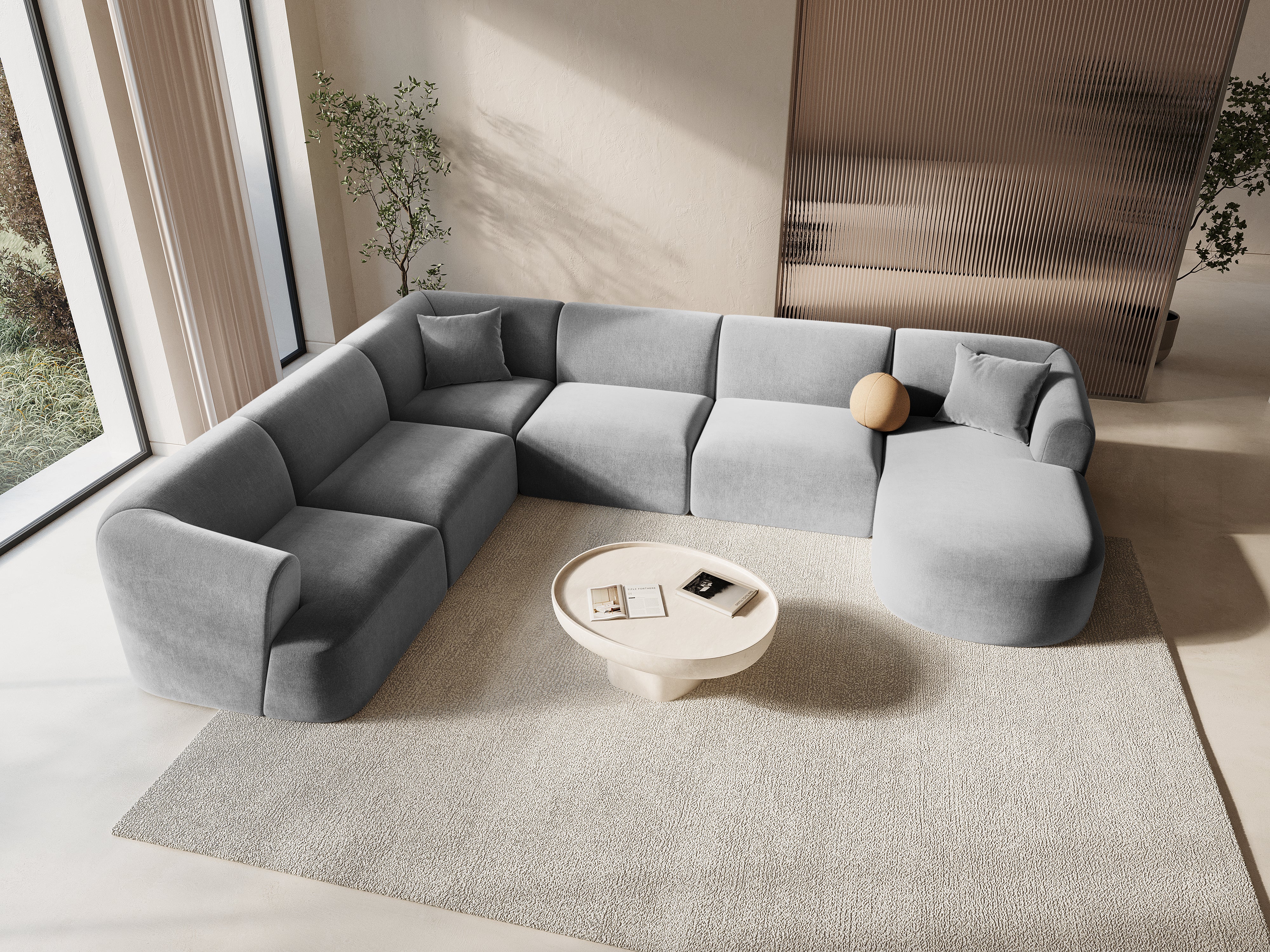 Linksseitiges, samtiges, panoramisches 7-Sitzer-Sofa CAMPI in Grau