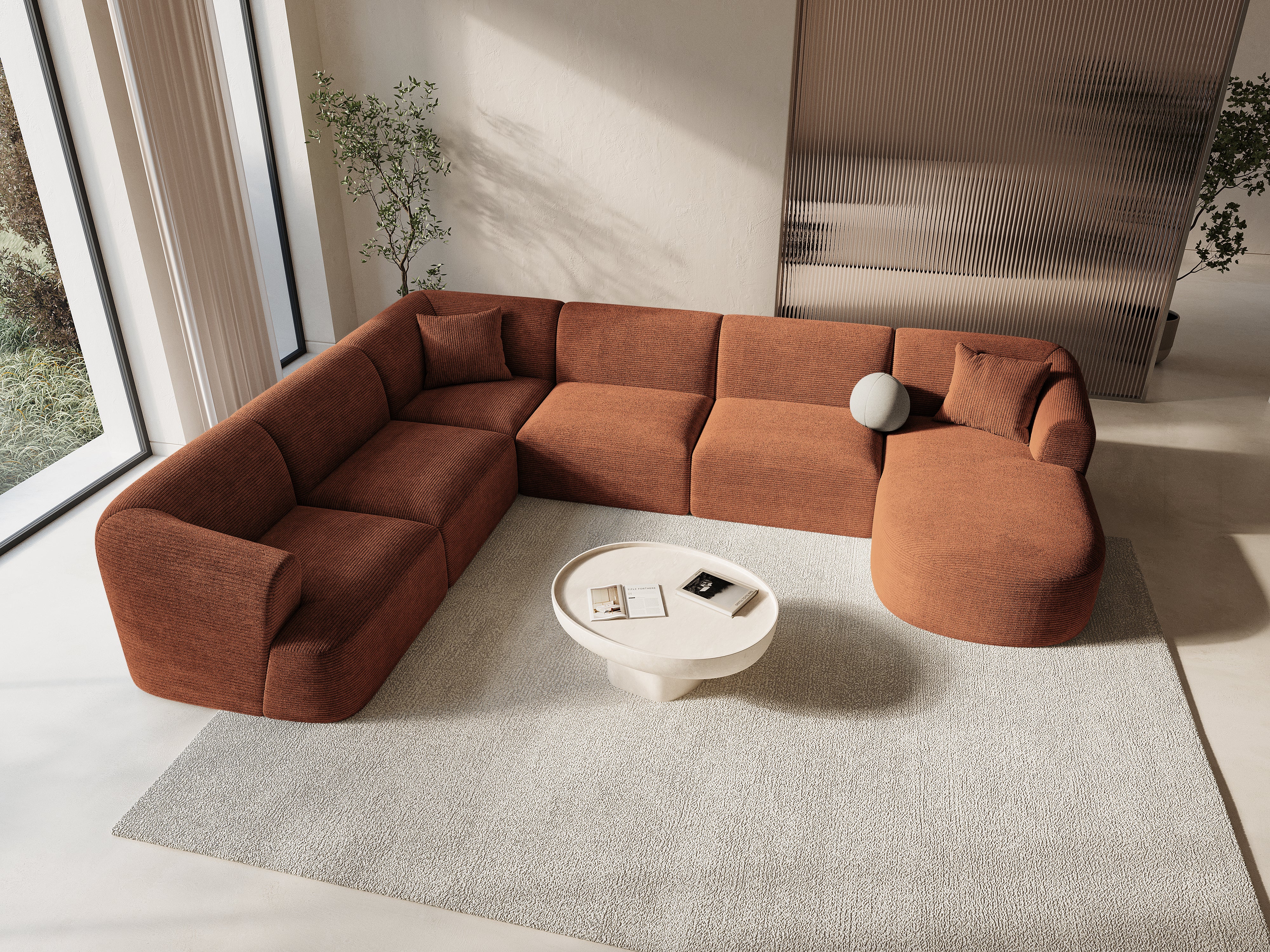 Left-sided panoramic corner sofa for 7 people CAMPI brick corduroy
