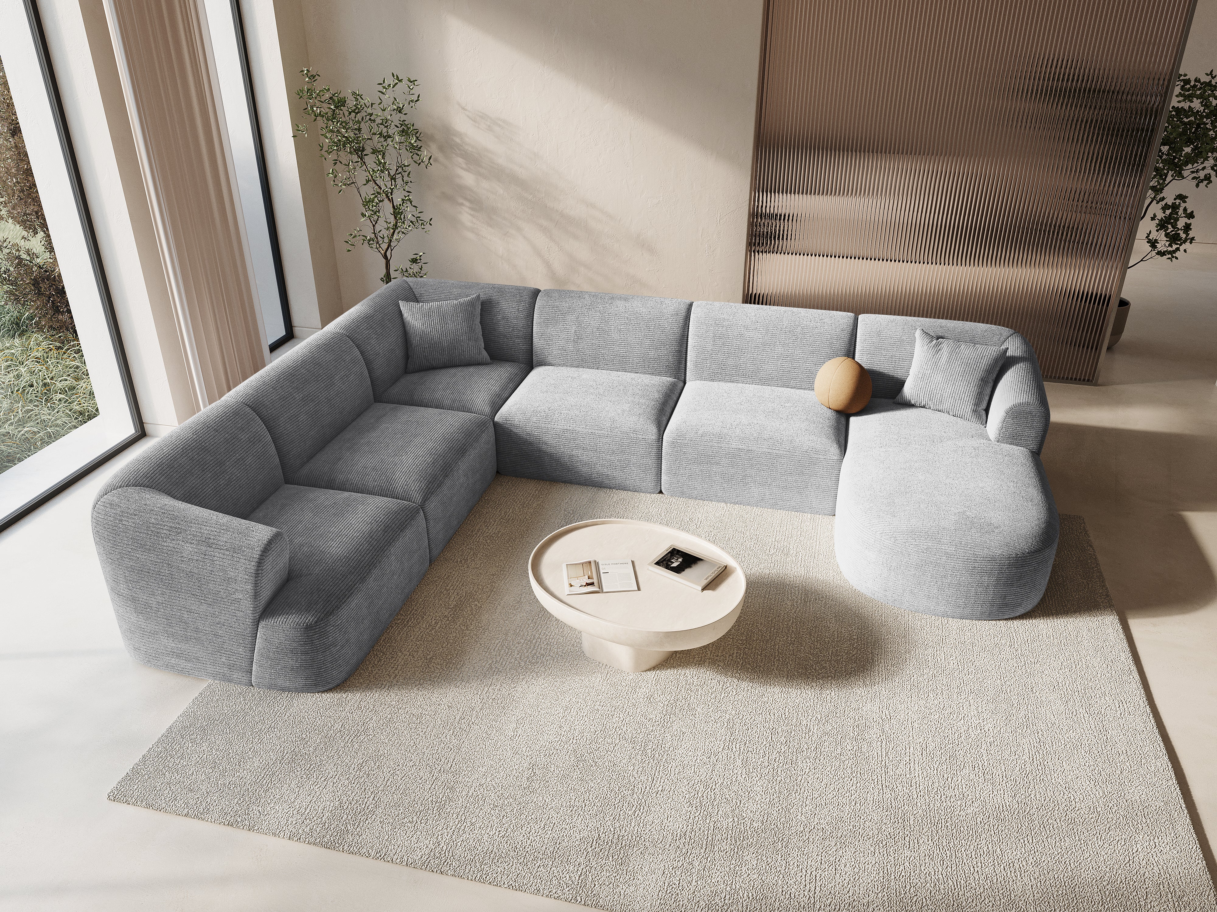 Left-sided panoramic corner sofa for 7 people CAMPI light gray corduroy