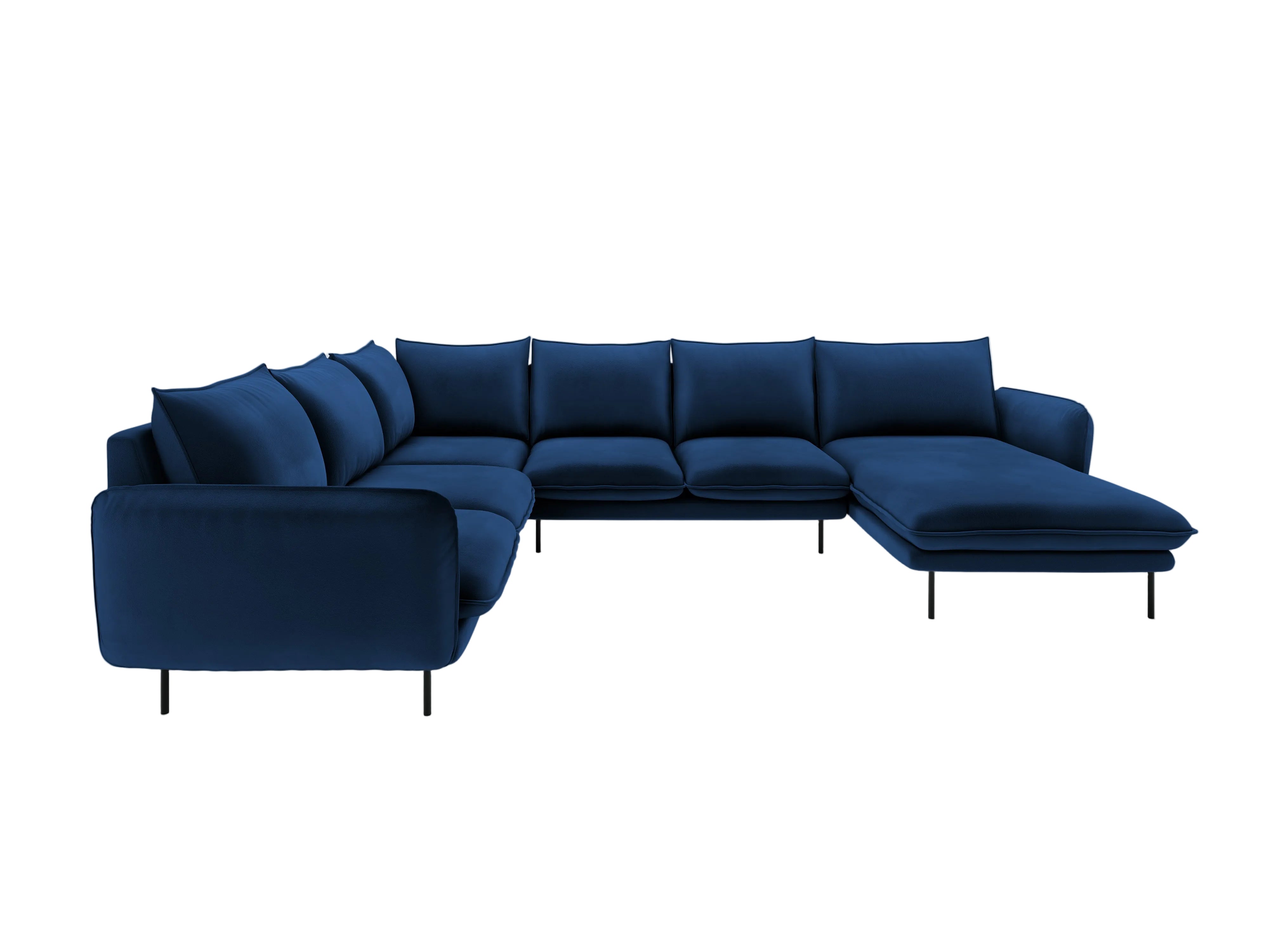 Panoramischer Samt-Ecksofa linksseitig für 7 Personen VIENNA in königsblau mit schwarzem Fuß