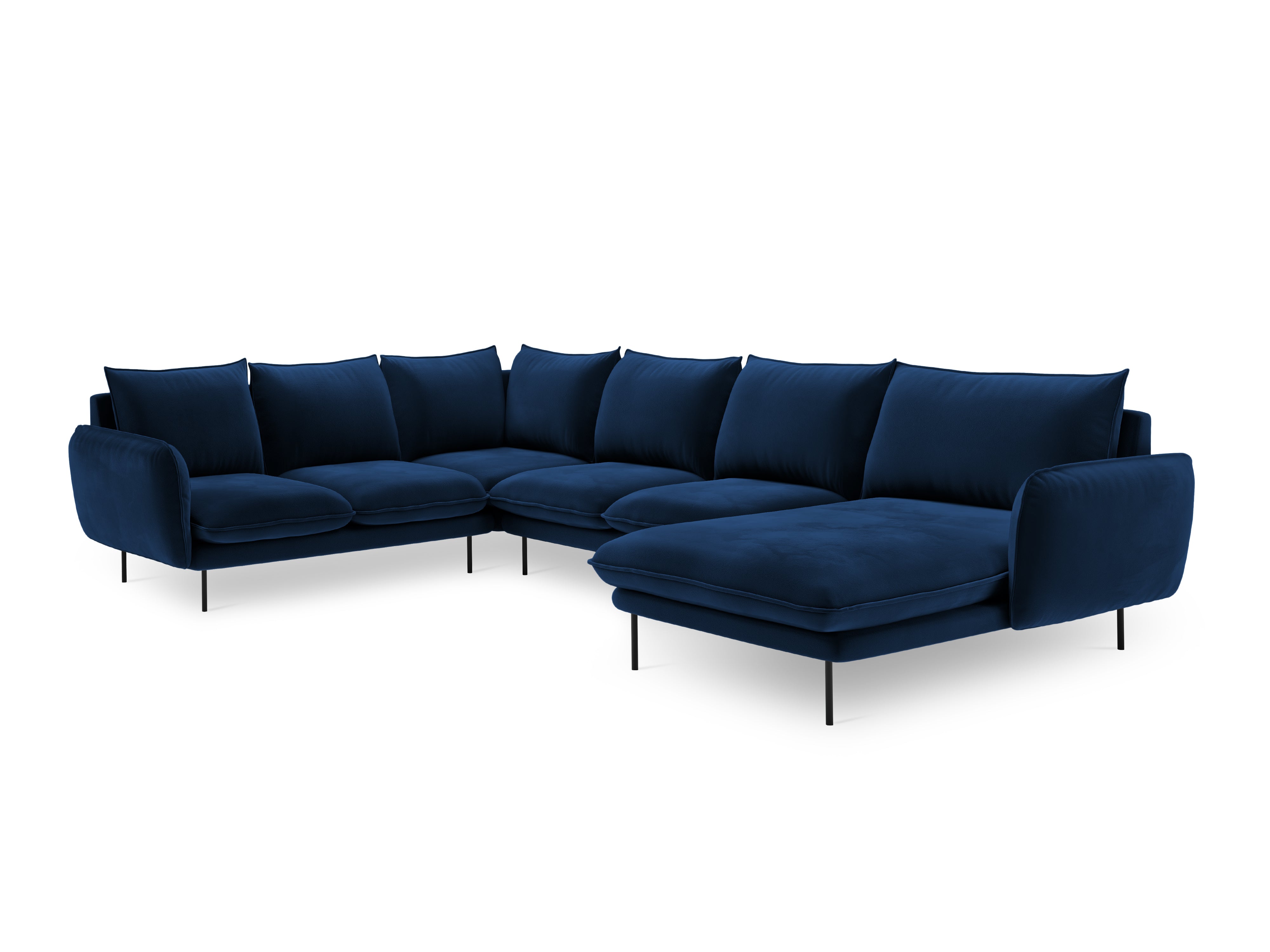 Panoramischer Samt-Ecksofa linksseitig für 7 Personen VIENNA in königsblau mit schwarzem Fuß